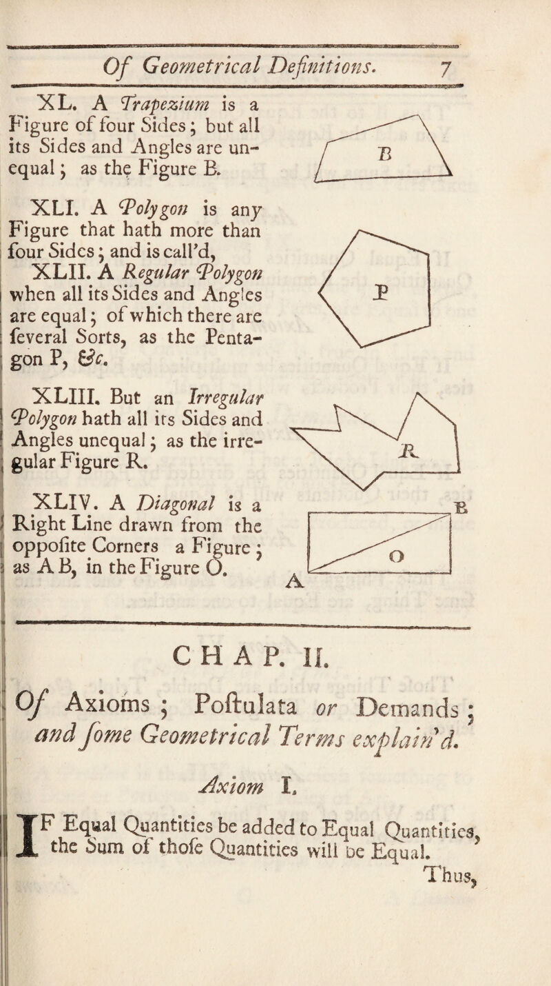 XL. A ’Trapezium is a Figure of four Sides; but all its Sides and Angles are un¬ equal ; as the; Figure B. XLL A (Polygon is any Figure that hath more than four Sides; and is call’d, XLII. A Regular 0Polygon when all its Sides and Angles are equal; of which there are feveral Sorts, as the Penta¬ gon P, &c. XLIIL But an Irregular (.Polygon hath all its Sides and Angles unequal; as the irre¬ gular Figure R. XLIY. A Diagonal is a (Right Line drawn from the oppolite Corners a Figure ; as A B, in the Figure O. chap. 11. Of Axioms ; Poftulata or Demands: and fome Geometrical Terms explain'd. Axiom I. IF Equal Quantities be added to Equal Quantities, the Sum ot thofe Quantities will De Equal. Thus,