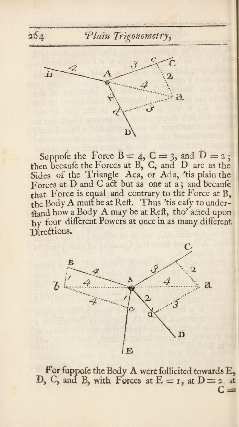 Soppofe the Force B = 4, C = 3, and D = 2 j then beeaufe the Forces at B, C, and D are as the Sides of the Triangle Aca, or Ada, 'tis plain the Forces at D and G ad: but as one at a; and beeaufe that Force is equal and contrary to the Force at the Body A mult be at Reft. Thus 'tis eafy to under¬ stand how a Body A may be at Reft, tho> afted upon by four different Powers at once in as many different ‘Directions. G For fuppofe the Body A were follicited towards E, D, C, and B, with Forces at E = 1, at D = 2 *t C 5SS