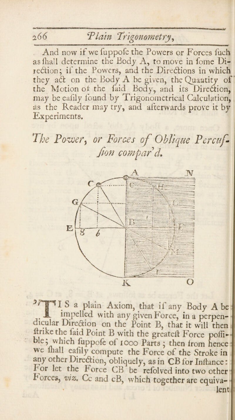 And now if wefuppofe the Powers or Forces fuch asfhall determine the Body A, to move in foine Di¬ rection; if the Powers, and the Directions in which they aCt on the Body A he given, the Quantity of the Motion ot the faid Body, and its Direction, may be ealily found by Trigonometrical Calculation, as the Reader may try, and afterwards prove it by Experiments. The Power, or Forces of Oblique Percuf* Jion compar'd* HP I S a plain Axiom, that if any Body Abe J impelled with any given Force, in a perpen- uicular Direction on the Point B, that it will then itrikc the laid Point B with the greateft Force podi* bie; which fuppofe ol 1000 Parts ; then irom hence we ihall ealily compute the Force of the Stroke in any other Direction, obliquely, as in CB for Instance: Por let the force CB be refolved into two other forces, viz, Cc and cB, which together are equiva-1 lent