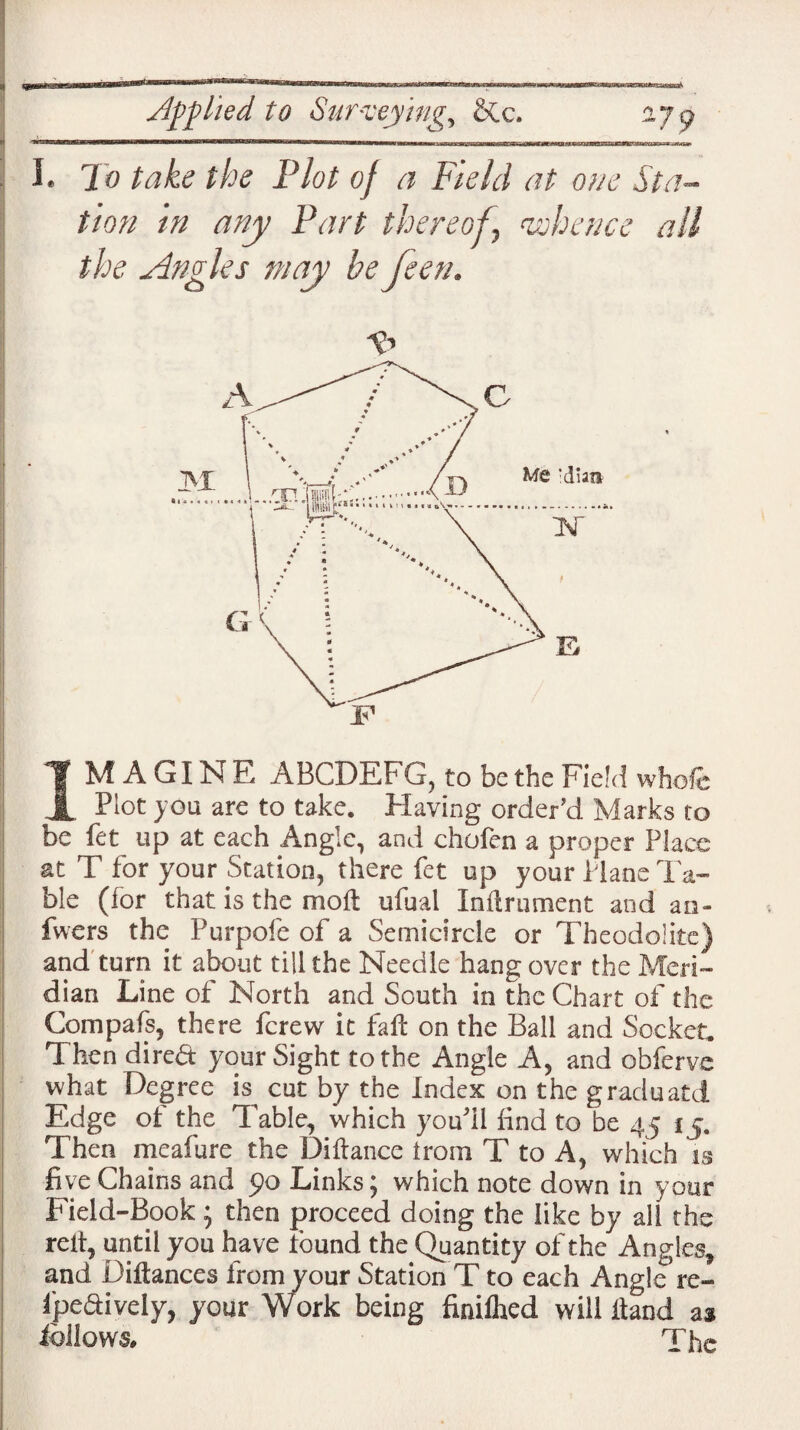 I. To take the Plot of a Field at one Sta¬ tion in any Part thereof] whence all the Angles may be feen. Tf M A GIN E ABCDEFG, to be the Field whole X }GU are to take. Having order’d Marks to be fet up at each Angle, and chofen a proper Place at T for your Station, there fet up your Plane Ta¬ ble (for that is the moft ufual Inftrument and an- fwers the Purpofe of a Semicircle or Theodolite) and turn it about till the Needle hang over the Meri¬ dian Line of North and South in the Chart of the Compafs, there ferew it fafe on the Ball and Socket. Then direft your Sight to the Angle A, and obferve what Degree is^ cut by the Index on the graduatd Edge of the Table, which you’ll find to be 45 15. Then meafure the Diftance trom T to A, which is five Chains and 5)0 Links; which note down in your Field-Book; then proceed doing the like by all the relt, until you have found the Quantity of the Angles, and Diftances from your Station T to each Angle re- fpedively, your Work being finifhed will hand as follows. The