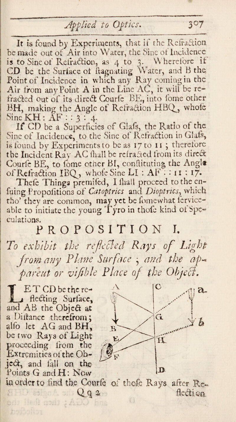 It is found by Experiments, that if the Re fra fit ion be made out of Air into Water, the Sine ot Incidence is to Sine of Heir action, as 4 to 3. Wherefore it CD be the Surface ot ftagnating Water, and B the Point of Incidence in which any Ray coming in the Air from any Point A in the Line AC, it will be rc- traded out of its dired Courle BE, into i'ome other BH, making the Angle of Refra&ion HBQ, whole Sine KH: AF : : 3 * 4- If CD be a Superficies of Glafs, the Ratio of the Sine of Incidence, to the Sine of Rcfradion in Glafs, is found by Experiments to be as 17 to 11 ; therefore the Incident Ray AC fliall be refracted from its dired Courfc BE, to fome other BI, conftituting the Angl« of Rcfradion JBQ^, whole Sine Li : AF ; : n : 17. Thefc Things premifed, I fliall proceed totheen- fuing Propofitions of Catoptrics and Dioptrics, which tho’ they are common, may yet be fome what, iervice- able to initiate the young Tyro in thole kind ot Spe^ culations. PROPOSITION I. To exhibit the reflected Rays of Light from any Rhine Surface , and the ap~> parent or vifible Place of the Object. LE T CD be the re¬ flecting Surface, and AB the Qbjed at a Diftancc therefrom; alfo let AG and BH, be two Rays of Light proceeding from the Extremities of the Ob- jed, and fall on the Points G and H: Now in order to find the Courfc of thole Rays Qq % fledi oa