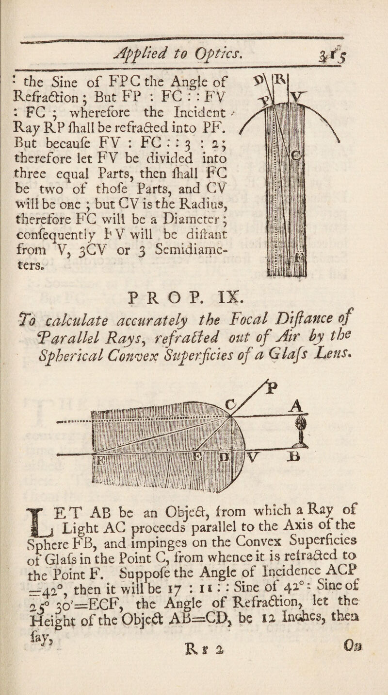 • the Sine of FPGthe Angle of Refra&ion • But FP : FC : : FV : FG ; wherefore the Incident > Ray RP fhall be refra&ed into PF. But becaufe FV : FG : : 3 : 2; therefore let FV be divided into three equal Parts, then fhall FG be two of thofe Parts, and CV will be one ; but CV is the Radius, therefore FG will be a Diameter; confequently b V will be d iff ant from V, 3CV or 3 Semidiame» ters. PROP, IX. To calculate accurately the Focal Difiance of Parallel Rays, refracted out of Air by the Spherical Convex Superficies of a Glafs Lens; LET AB be an Object, from which a Ray of Light AG proceeds parallel to the Axis of the Sphere FB, and impinges on the Convex Superficies of Glafs in the Point G, from whence it is retraced to the Point F. Suppofe the Angle of Incidence AGP —42°, then it vail be 17 • 11: : Sine oi 42°: Sine of ; r° c0'=ECF, the Angle of Refradion, let the Height of the Objed AB=CD, be 12 Indies, then fay, Era On