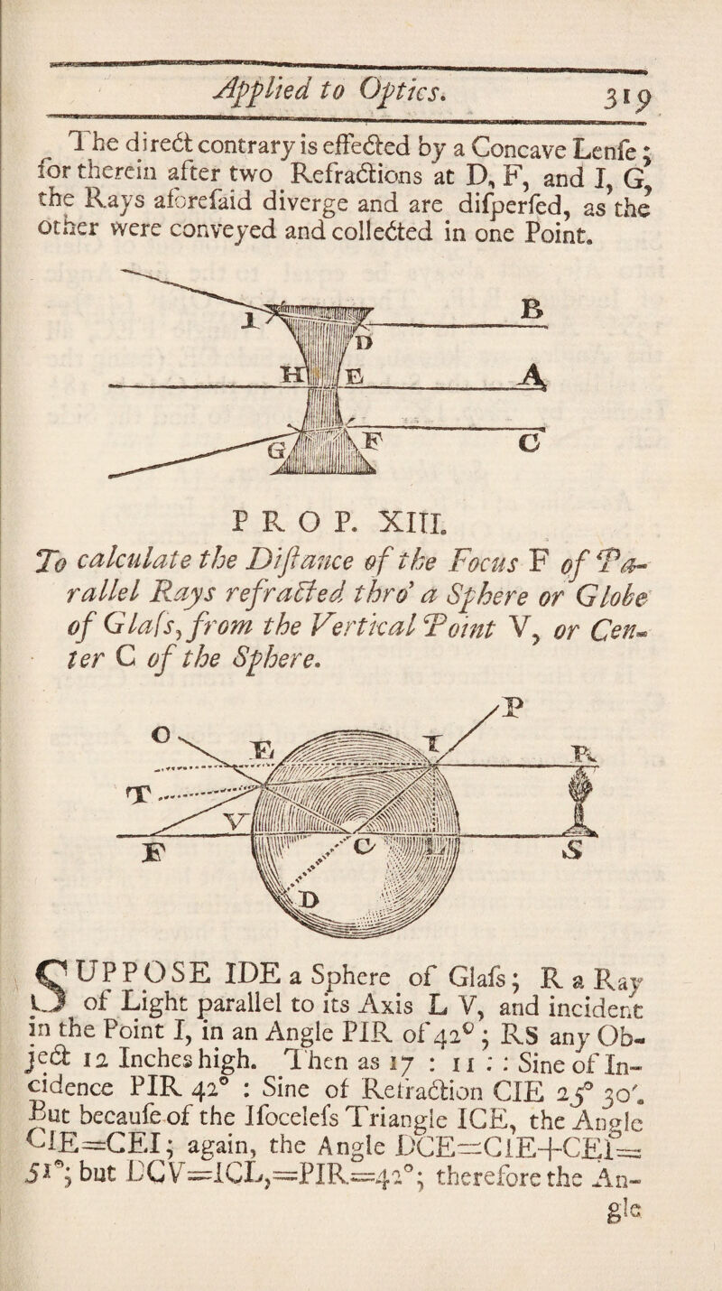 3tp 1 he diredt contrary is effected by a Concave Lenfe * for therein after two Refradtions at D, F, and I, G* the Rays afcrefaid diverge and are difperfed, as the otner were conveyed and collected in one Point. To calculate the Difiance of the Focus F of ‘Pa¬ rallel Rays refracted thro’ a Sphere or Globe of Gla[sy from the Vertical Point V, or Cen¬ ter C of the Sphere. OUPPOSE IDE a Sphere of Glafs; R a Ray O of Light parallel to its Axis L V, and incident jn the Point I, in an Angle PIR of 420; Rs any Qb- je& 11 Inches high. Then as 17 : 11 : : Sine of In¬ cidence PIR 420 : Sine of Reiradtion CIE if 30'. Put becaufe-of the Ifocelefs Triangle ICE, the Angle CiE—CEI; again, the Angle DCE—ClE+CEi= jDj but DCVr=ICL)=PIR=42°- therefore the An¬ gle