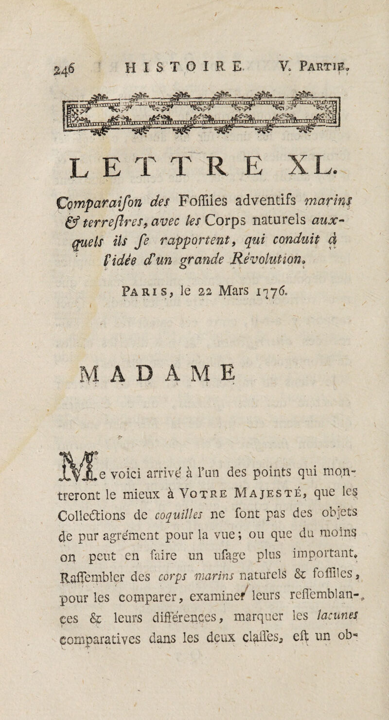 ; ) • ■ L E T T R E XI Compamifon des Foffiîes adventifs marins. & terre (1res, avec les Corps naturels aux¬ quels ils fe rapportent, qui conduit à l'idée d'un grande Révolution» Paris* le 22 Mars 1776. A D A M E voici arrive à Tan des points qui mon- treront le mieux à Votre Majesté* que les Collections de coquilles ne font pas des objets de pur agrément pour la vue ; ou que du moins on peut en faire un ufage plus important* Raflembler des corps marins naturels & foffiles* pour les comparer, examiner leurs reffemblan-, ces &c leurs différences, marquer les lacunes î % ■ comparatives dans les deux dalles* eft un 0b* 1