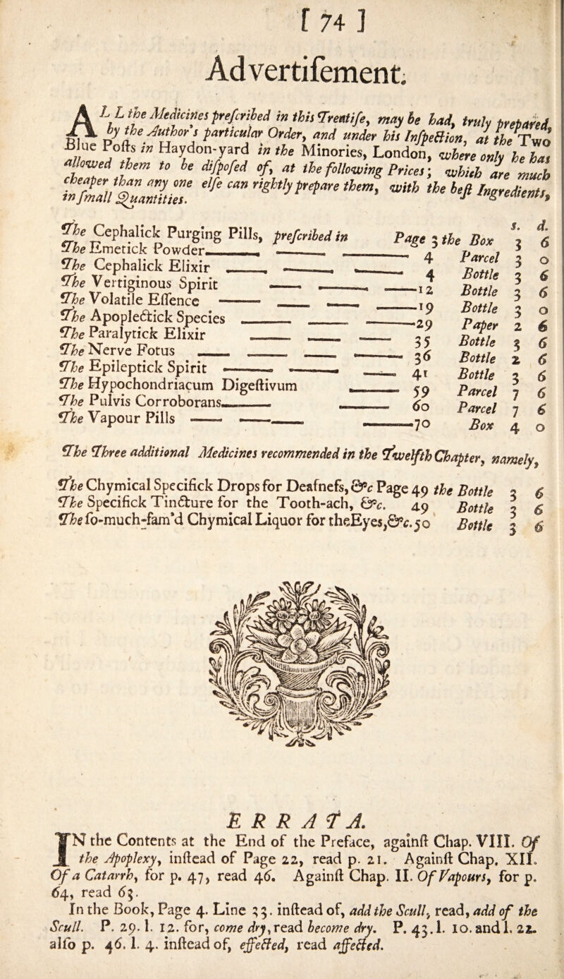 [74] Advertifement ALLtheAIedtctnesprefcribed tnihiiTreMfe, maybe had, truk pfeiared by the Jurors partkulm Order, and under his InfpeBion, aliheT^o ' x)iue Pofts in Haydon-yard m the Minories, London, where only he has allowed them to be difpofed of, at the following Prices; which are much tSiSZuZ' '‘‘’•“yff'’ *”■ M ^he Cephalick Purging Pills, prefcriledin ^heULm^tick Powder-—-^ __ ^ ^he Cephalick Elixir ,_ ____ ^he V ertiginous Spirit me Volatile ElTence - ^he Apopledick Species me Paralytick Elixir me Nerve Fotus « me Epileptick Spirit me Hypochondriacum Digeftivum ^he Pulvis Corroborans—. ^he Vapour Pills Page 5 the Box 5 6 — 4 Parcel 3 0 - 4 Bottle 3 6 -12 Bottle 3 6 -19 Bottle 3 0 —^29 Paper 2 6 35 Bottle 5 6 — 36 Bottle % 6 « 41 Bottle 3 6 - 59 Parcel 7 6 60 Parcel 7 6 —70 Box 4 0 me mree additional Medicines recommended in the twelfth Chapter^ namely ^he Chymical Specifick Drops for Deafnefs, &c Page 49 the Bottle m^e Specifick Tincture for the Tooth-ach, &c. 49 Bottle me fo-rauch-famM Chymical Liquor for thcEyes^Q^r.5o' Bottle 3 3 ^ R R A ^ A. IN the Contents at the End of the Preface, agaitift Chap. VIII. Of the JpopJexyy inficad of Page 22, read p. 21. Againft Chap. XIIo Of a Catarrhy for p. 47, read 46. Againft Chap. II. OfVapourSy for p. 64, read 65. : In the Book, Page 4. Line ; 5. inftead of, add the Scully read, add of the I Scull. P. 29.1, 12. for, come dry^rcad become dry, P. 45.1. lo. andl. 22. alfo p. 46.1. 4. inftead of, offered, read affeHed. . I