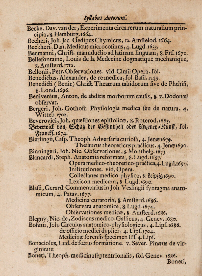 wm Becke, Dav. van der, Experimenta circa rerum naturalium prin¬ cipia , 8. Hamburg. 1664, Becheri, Joh.Jac. OedipusChymicus, ii.Amftelod. 1664. Beckheri, Dan. Medicus microcofmus, 4. Lugd. 1633. Becmanni,Chrift. manuduftioadlatinam linguam, 8 Bellefontaine, Louis de Ia Medecine dogmatique mechanique^^ g. Amfterd.iyii. Bellonii, Petr. Obfervationes. vid. Clufii Opera, fol. Benediftus, Alexander, de remedica,fol.Bafil.iy49. Benedidi (Benit) Chrift. Theatrum tabidorum fi ve de Phthifi, 8. Lond. i6p6. Benivenius, Anton, de abditis morborum caufis, g. v. Dodonaei obfervat. Bergeri, Joh. Gothofr. Phyfiologia medica feu de natura, 4. Witteb. 1702. Beverovici, Joh. quaeftiones epiftolicae, 8»Roterod.i6^5. ©d&o^ Ux @efunt)l)eit oDet fol. grancff. 1674. Bierlingii, Cafp. Theoph. Adverfaria curiofa, 4. Jenae 1679. Thefaurus theoreticus pradicus, 4. Jenae i^po. Binningeri, Joh. >5ic. Obfervationes, 8» Montbelg. 1673. Blancardi, Steph. Anatomia reformata, 8- Lugd. 1687. Opera medico-theoretico-pradica,4.Lugd.i(^9o.’ Inftitutiones. vid. Opera. Colledanea rnedico-phyfica, 8- 1690. Lexicon medicum, 8. Lugd. 1690. Blafii, Gerard. Commentarius in Joh. Veslingii fyntagma anato¬ micum , 4. Patav. 1677. Medicina curatoria, g. Amfterd. i6%6. Obfervata anatomica, 8. Lugd. 1674. Obfervationes medicae, 8- Amfterd. 168^. BIegny,Nic« de,Zodiacusmedico-Ga]licus,4. Genev. i(58a Bohnii, JoluCirculusanatomico-phyfiologicus, 4.Lipf.i68^. de officio medici duplici, 4. Lipf 1704. Medicinae forenfis Ipecimen III. 4. Lipf. Bonaciolus, Lud.de foetus formatione, v, Sever. Pinaeus de vir¬ ginitate. Boneti; Theoph. medicina feptentrionalis, fol. Genev. 1686. Boneti,