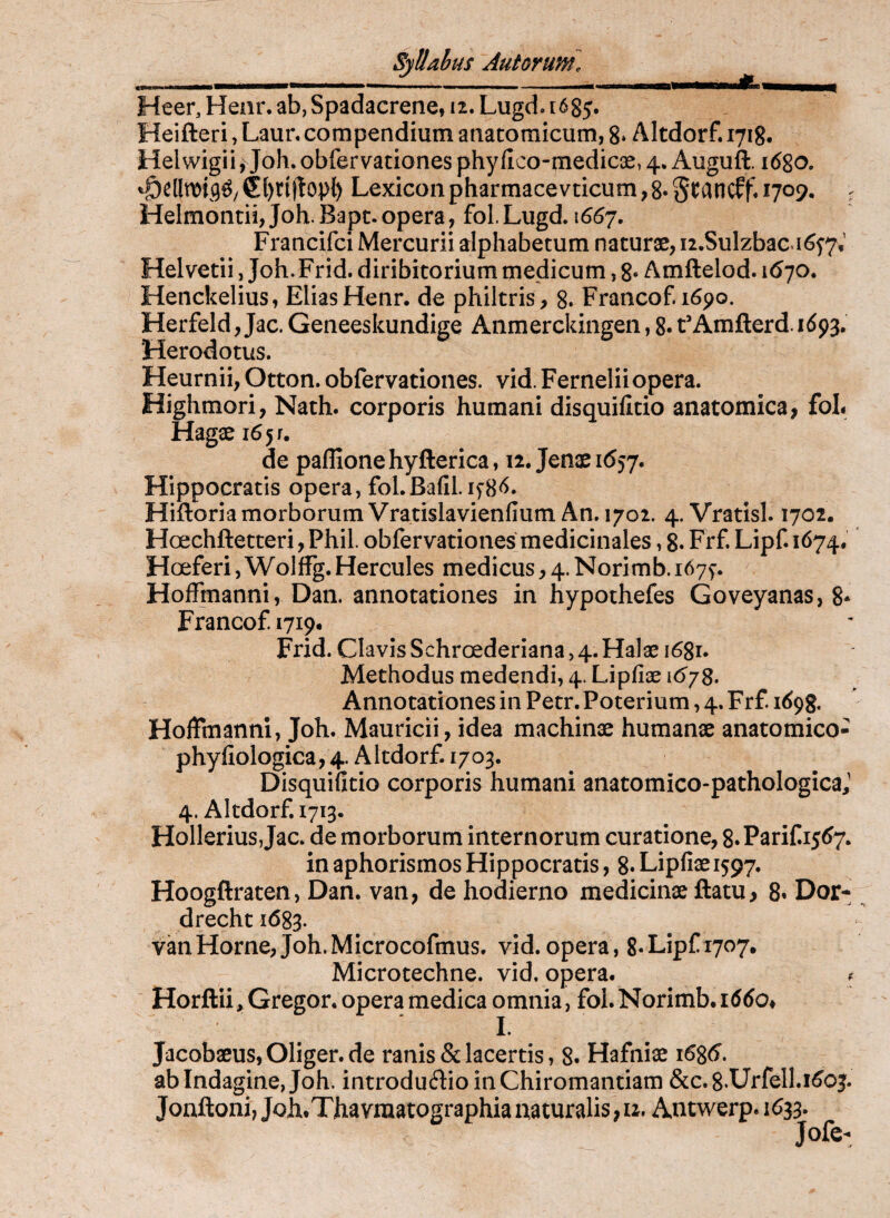 Heer, Henr. ab, Spadacrene, 12. Lugd. 1685. Heifteri, Laur. compendium anatomicum, 8* Altdorf. 1718. Helwigii, Joh. obfervationes phy fico-medicje, 4. Auguft. 1680. Lexicon pharmacevticum, 8« Stancff^ 1709. ^ Helmoiitii, Joh. Bapc. opera, fol. Lugd. 1667. Francifci Mercurii alphabetum naturae, i2.Sulzbac.i6f7V Helvetii, Joh.Frid. diribitorium medicum, 8* Amftelod. 1670. Henckelius, Elias Henr. de philtris, 8. Francof. i6po. Herfeld,Jac.Geneeskundige Anmerckingen,8.fAmfterd. 1693. Herodotus. Heurnii, Otton. obfervationes. vid. Ferneliiopera. Highmori, Nath. corporis humani disquifitio anatomica, fol. Hagae 165 r. de paflionehyfterica, 12. Jenae 1657. Hippocratis opera, fol.Bafil. ^^6. Hiftoria morborum Vratislavienfium An. 1702. 4. Vratisl. 1702. Hoechftetteri, Phil. obfervationes medicinales, 8« Frf. Lipf. 1674, Hoeferi, Wolffg. Hercules medicus, 4. Norimb. 167^. Hoffmanni, Dan. annotationes in hypothefes Goveyanas, 8* Francof 1719. Frid. Clavis Schroederiana, 4. Halae i68r. Methodus medendi, 4. Lipfiae 1(^/8. Annotationes in Petr. Poterium, 4. Frf. idpg. Hoffmanni, Joh. Mauricii, idea machinae humanae anatomico- phyfiologica, 4. Altdorf. 1703. Disquifitio corporis humani anatomico-pathologica,' 4. Altdorf. 1713. HolleriuSjJac. de morborum internorum curatione, 8.Parif.i5<^7. in aphorismos Hippocratis, 8* Lipfiae 1597. Hoogftraten, Dan. van, de hodierno medicinxftatu, 8« Dor- drecht 1683. van Horne, Joh. Microcofmus, vid. opera, 8. Lipf 1707. Microtechne. vid. opera. ^ Horftii ^ Gregor, opera medica omnia, fol. Norimb. 1660* I. Jacobaeus, Oliger. de ranis & lacertis, 8. Hafniae 16^6. ab Indagine, Joh. introduftioinChiromantiam &c.8‘Urfell.i^03. Jonftoni, Joh.Thavmatographia naturalis, ii, Antwerp. 1633. Jofe-