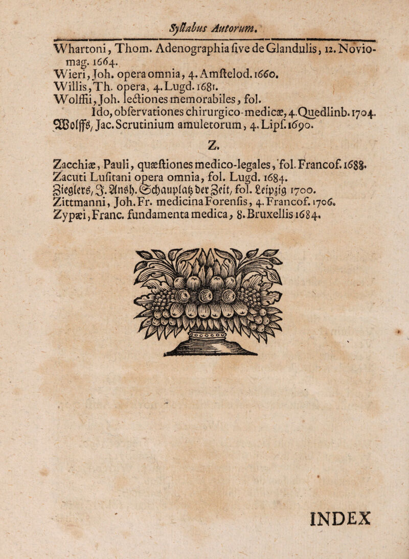 ■»« ’- r-i. iiiii iii. ■iiri I—1... I .... II» iir i ■«y—^ Whartoni, Thom. Adenographiafive de Glandulis, ii.Novio- mag. 1664. Wieri, Joh. opera omnia, 4. Amftelod. 1660, WillisjTh. opera^ 4.Lugd.i68r. . Wolffii,Joh. ledionesmemorabiles j fol. Ido, obfervationes chirurgico-medlcae,4.Quedlinb. 1704. 5ICBo(p/Jac.Scrutinium amuletorum, 4.Lipf.i^po. Z, 1. Zacchise, Pauli, quaeftionesmedico-l€gales,‘fol.Francof.i$88< Zacuti Lufitani opera omnia, fol. Lugd. 1684. St«9l^>f^/3-2(n0l).@c^aup{a|b<it3dt/ fol. fieipjig 1700. Zittmanni, Joh.Fr. medicinaForenlis, 4..Francof. 1706. Zypael, Franc. fundamenta medica, 8.BruxeIlisi684. INDEX