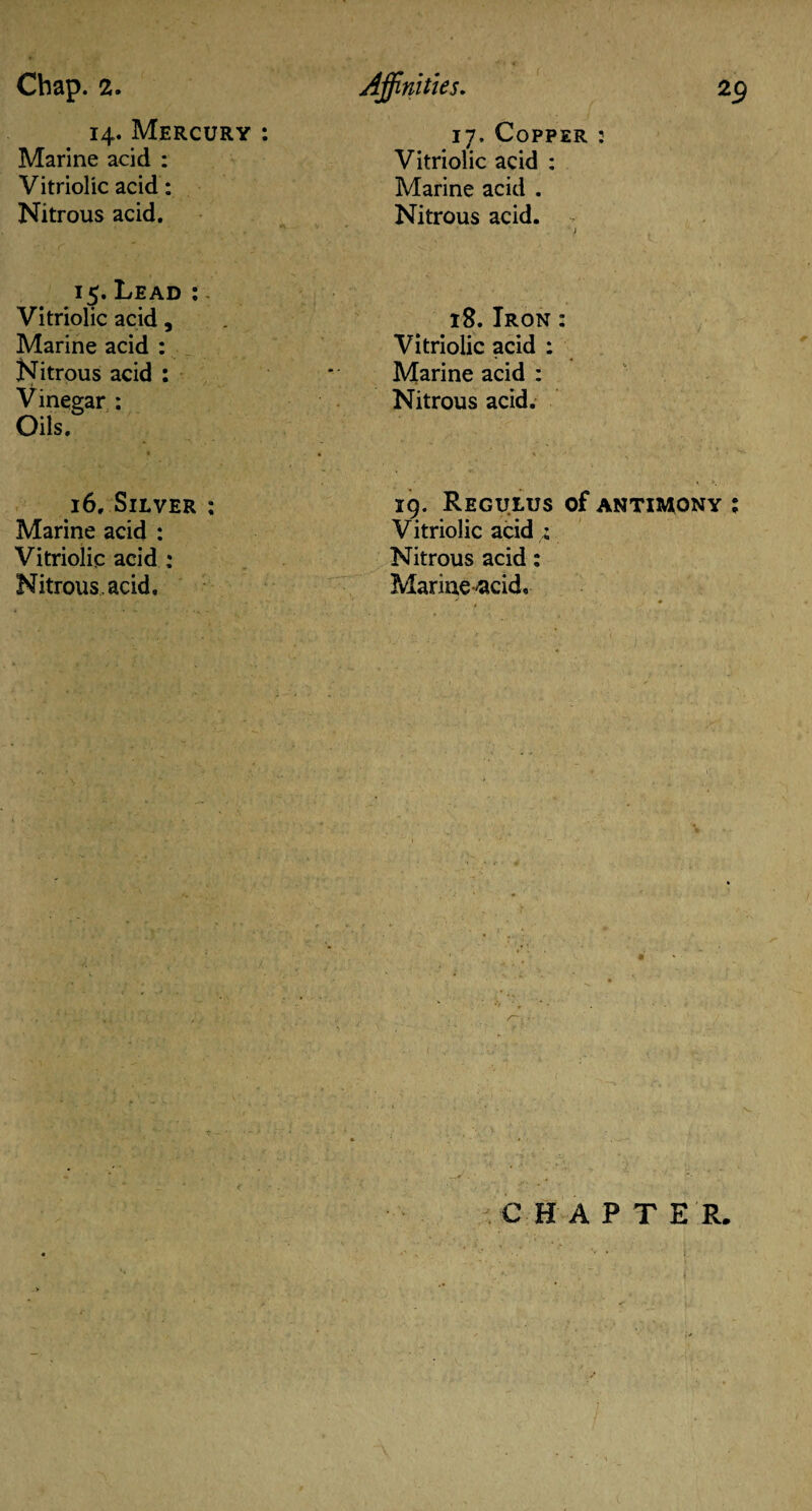 14. Mercury : 17. Copper : Marine acid : Vitriolic acid : Vitriolic acid : Marine acid . Nitrous acid. Nitrous acid. 15. Lead : Vitriolic acid, Marine acid : Nitrous acid : Vinegar : Oils. 18. Iron : Vitriolic acid : Marine acid : Nitrous acid. 16. Silver : 19. Regulus of antimony Marine acid : Vitriolic acid ,; Vitriolic acid : Nitrous acid : Nitrous, acid. Marine ^acid. CHAPTE R. j. • »