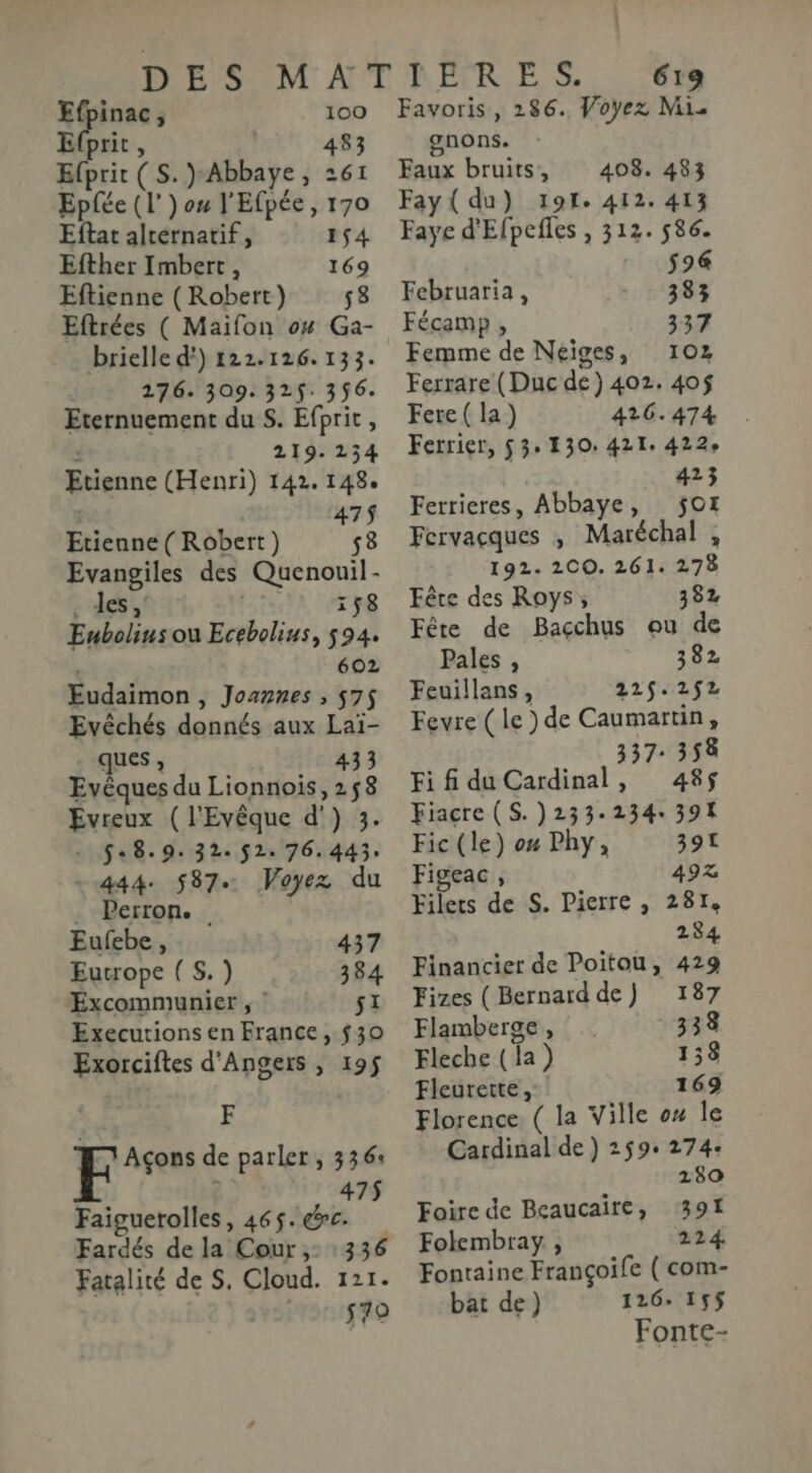 Efpinac, 100 Efprit, | 483 Efprit ( S.)-Abbaye, 261 Eptée (L') ou J'Efpée, 170 Eftat alternatif, 154 Efther Imbert, 169 Eftienne ( Robert) 58 Eftrées ( Maïifon 04 Ga- brielle d') 122.126. 133. 276. 309. 325$: 356. Eternuement du S. Efprit, 219. 234 142, 148. 47$ Etienne ( Robert) 58 Evangiles des Quenouil- . des, 158 Eubolinsou Ecebolius, 594. ‘ 602 Eudaimon , Joannes , 575$ Evêchés donnés aux Laï- ques : 433 Evêques du Lionnois, 258 Evreux (l'Evêque d') 3. - f+8.9.32.5$2. 76.443, 444. 587 Voyez du Etienne (Henri) . Perron. Eufebe , 437 Eucrope (S.) 384 Excommunier , SI Executions en France, $ 30 Exorciftes d'Angers , 195 F Açons de parler, 336+ ] 47$ Faiguerolles, 465$. ec. Fardés de la Cour, :336 Fatalité de S. Cloud. 121. à | sv 1f RQ 619 Favoris, 286. Voyez Mi. gnons. Faux bruits, 408. 483 Fay ( du) 191. 412. 413 Faye d'Efpefles , 312. 586. 1 596 Februaria , 383 Fécamp , 337 Femme de Neiges, 102 Ferrare (Duc de) 402. 40$ Fere (la) 426.474 Ferrier, 53» 130: 421. 422 423 Ferricres, Abbaye, $O1 Fcrvacques , Maréchal , 192. 200. 261. 278 Fête des Roys; 382 Fête de Baçchus ou de Pales , 382 Feuillans, 225.252 Fevre ( le ) de Caumartin, 337: 358 Fi fi du Cardinal, 485$ Fiacre (S. )233.234. 391 Fic (le) 04 Phy, 391 Figeac , 492 Filets de S. Pierre , 281, 284 Financier de Poitou, 429 Fizes ( Bernard de) 187 Flamberge , 338 Fleche (la) 18 Fleurette, 169 Florence ( la Ville ox le Cardinal de) 259. 274. 180 Foire de Beaucaire, 391 Folembray , 224 Fontaine Françoife ( com- bat de) 126: 15$ Fonte-