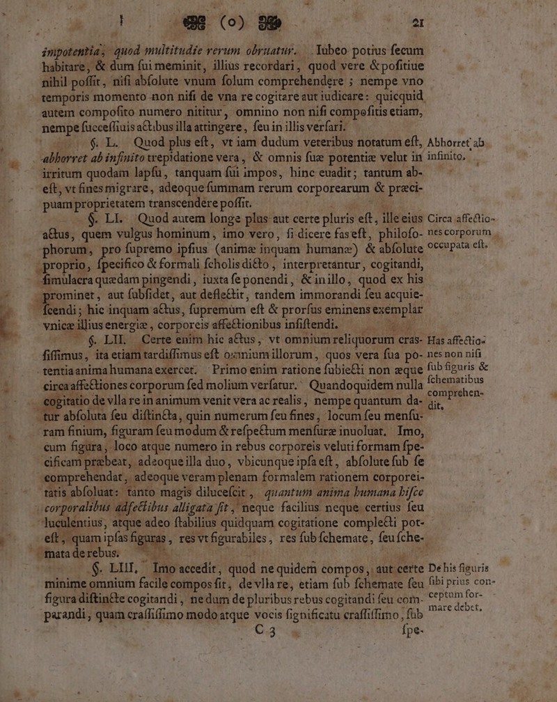 impotentia, - quod multitudie rerum obruatur. —.. Tabeo. potius fecum habitare, &amp; dum fui meminit, illias recordari, quod vere &amp;pofitiue nihil poffit, nifi abfolute vnum folum comprehendere ; nempe vno temporis momento non nift de vna re cogitereaut iudicare: quicquid autem compofito numero nititur, omnino non nifi compefitis etiam, nempe fucceffiuis aCtbus illa attingere , feu in illis verfari. 10005 $ L. Quod plus eft, vt iam dudum veteribus notatum eft, Abhorret; ab . abhorret ab infinito trepidatione vera, &amp; omnis fue potentie velut in infinito. irritum quodam lapfü, tanquam fui impos, hinc euadit; tantum ab- eft, vt fines migrare, adeoque fummam rerum corporearum &amp; praci- j puam proprietatem transcendere poffit. bg E S $. LI... Quod autem longe plas aut certe pluris eft, ille eius Circa affe&amp;tic- a&amp;tus, quem vulgus hominum, imo vero, fi dicere faseft, philofo- nescorporum . phorum, pro fupremo ipfius (anima inquam humanz) &amp; abfolute ?**P*^ ile proprio, pecifico &amp; formali fcholis di&amp;o , interpretantur, cogitandi, -fimulacra quedam pingendi , iuxtafeponendi, &amp;inillo, quod ex his prominet , aut fübfidet, aut defle&amp;ir, tandem immorandi feu acquie- Ícendi; hic inquam a&amp;us, fupremum eft &amp; proríus eminens exemplar vnice illius energie? , corporeis affe&amp;tionibus infifend. — ^ —— (UTE S. LIIS Certe enim hic atus, vt omnium reliquorum CraS- Has affectio- fiffimus, ita etiam tardiffimus eft osunium illorum, quos vera fua po- nes non nifi -tentiaanima humanaexercet, Primo enim ratione fubie&amp;i non zque fub figuris &amp; circa affe&amp;iones corporum fed molium verfatur.' Quandoquidem nulla icüguatibus is qon vlla re in animum venit vera ac realis , nempe quantum da- tur abfoluta feu diftin&amp;ta, quin numerum feu fines, locum feu menfu- . ram finium, figuram feu modum &amp; refpe&amp;um menfurz inuoluat, Imo, cum figura, loco atque numero in rebus corporeis veluti formam fpe- cificam prebeat, adeoqueilla duo, vbicunqueipfaeft, abfolute fub fe €omprehendat , adeoque veram plenam formalem rationem corporei- tátis abfoluat: tanto magis dilucefcit quantum anima bumana bifce - corporalibus adfectibus alligata fit ,' neque facilius neque certius feu - üulentius, atque adeo ftabilius quidquam cogitatione comple&amp;ti pot- eft, quamipíasfiguras, resvtfigurabiles, res fub fchemate, feuíche-. Bltadercbus C005 oon | pns | .$. LEE, Imo accedit, quod ne quidern compos ,: aut certe Dehis figuris minime omnium facile composfit, devllare, etiam fub fchemate feu fibi prius con- figura diftin&amp;te cogitandi, nedum de pluribus rebus cogitandi feu com- ^* n op A 'parandi, quam craffiflimo modo atque vocis figpificatu craffifimo,füb ^-^ - G^ fpe- comprehen- dit, UN V