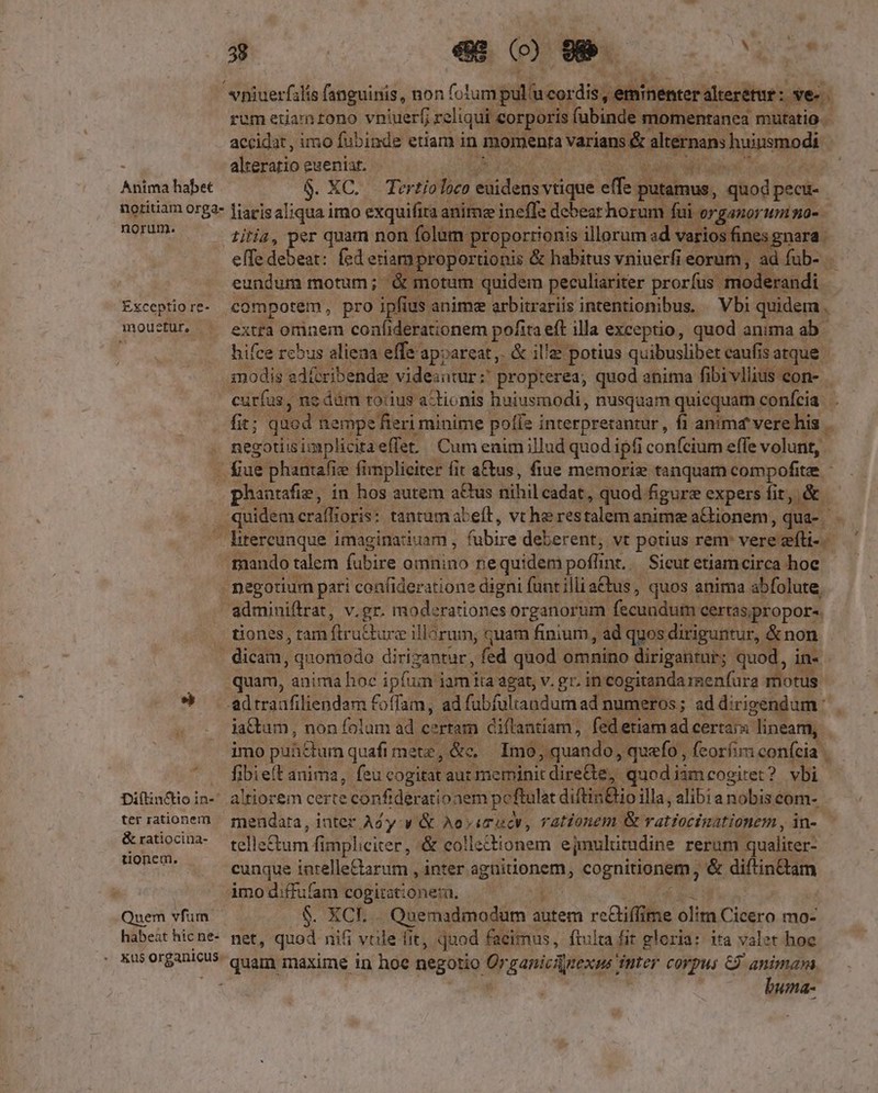 vniuerfilis fanguinis, non folum sse cor dis, eminenter diesétor Lves remetiamtfono vniuerf; j reliqui eorporis (abinde momentanea mutatio - accidat , imo fubinde etiam in Jenienia verint; pops huinsmodi : alteratio eueniat. Anima habet 6. XC. Tertioloco Mupiusnane dics putamus, od pear. noritiam org2- Jiaris aliqua imo exquifira anime ineffe debear horum fui organorumno-. Bir titia, per quam non folam j proporrionis illorum ad varios fin es effe debeat: fed eriamproportionis &amp; habitus vniuerfi eorum, ad f eundum motum; '&amp; motum quidem peculiariter prorfus moderandi- Exceptiore- compotem, pro ipfius. anime arbitrariis intentionibus, — Vbi quidem . mouctür. . extra omnem confiderationem pofita eft illa exceptio, quod anima ab hifce rcbus aliena effe: 'apparcat,. &amp; ille potius quibuslibet caufisatque | inodis. adítribende videantur; propterea; quod anima fibivllius con- curfus, ne dum roiius actionis huiusmodi, nusquam quiequam confcia. fit; quod nempe fieri minime polis i interpretantur , á anim verehis . negotiisimplicitaeffet. | Cum enim illud quod ipfi confcium effe volunt, . fue phantafis e fimplieiter fit a&amp;&amp;us, fiue memorie tanquam compofite. : gode in hos autem aQus biihil cadat, quod figure expers fit: QR quidem craflioris: tantum abeft, vtherestalem anime aGtionem, qua-. —Olitercunque i imaginatiuam , fubire deberent, vt potius rem vere íli-- mando talem fübire omnino nequidem poflint. Sicut etiamcirca hoe - negotium pati confideratione digni füntillia&amp;tus, quos anima abfolute, adminiftrat, v.gr. moderationes organorum. fecundum certas propor-. tiones, ram firuGure illorum; quam finium, ad quos diriguntur, non | dicam, , quomodo dirigantur, fed quod omnino dirigantur; quod, i in« quam, anima hoc ipfum iam ita agat, v. gr. incogitandareenfura motus * adtraafiliendam foffam, ad fübfultandumad numeros; addirigendum « - jaQ&amp;um, non folum ad certam diftantiam, fed etiam adcertaia: lineam, imo pulum quafi met, &amp;c, Imo, quando, quefo, feorfimconíeia | . fibiefít anima, feu cogitat aut meminit diree, quod iim cogitet ? vbi Diftin&amp;ioin-' altiorem certe confiderationem peftulat diltinthie illa, alibia nobis com- ter rationem | ggendara, inter Ad'y-v &amp; Aoserucv, rationem &amp; ratiocinationem, in- &amp;ratiocina- — pellefrum fimphciter, &amp; collectionem ejmulitudine rerum qualiter: mers. cunque inrelle&amp;arum , inter p inonca cognitionem; &amp; diftin&amp;am : imodiffufam cogitationeza. —— Quem vfum $. TON Quemadmodum autem reBiffüllie olim Ciigro mo- habeat hicne-. pet, quod nifi vtile fit, qaod faeimus, ftulta fit gloria: ita valet hoc y SPPDE REOR quam maxime in hoc negotio Organicinexus ; NT corpus C3 animam. , buma- ^