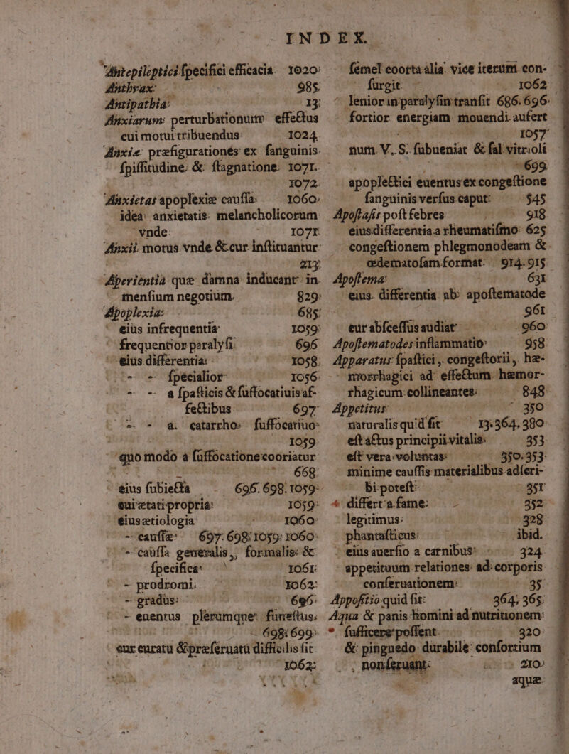 peste d | fub 15: Anxiarum: perturbitionum: effectus cui motui tribuendus: 1024. dtixie: prefigurationés ex. fanguinis. 1072. Müxietai apoplexie cauffa: 1060. idea: anxietatis: melancholicorum. vnde: IO7I 215: Aperiéntià que damna inducant in. . fenfium negotium. 829: dlpoplexia: 685: ' eiüs infrequentia - 1059 ' frequentior paralyfi. 696 i m! —— uii | - fpécialior- 1056. - -. &amp;fpaflicis &amp;fuffocatiuis P fe&amp;ibus: 697 - - d&amp; caurrho; fuffocatiuo: j 1059: M modo à fiffocstionecooristur i 668; - eius fabie&amp;a . -. 696.698.1059: &amp;uictati propria: 1059: eiusetiologia ^ ^ . 1060 - caufíz: — 697:698:1059: 1060: cauffa gemeralis,, formalis: &amp; | fpecifica IOÓL - prodromi. 1062: - gradus: ^ 695 - enentus pM ME funetftus. .- 6981699: eur euratu &amp;preféruam difficihs fit: ! | 1062: Ji. M MC fürgit fortior Pedo mouendi aufert 1037 | 699 | spopleBici euentusex congeítione fanguinisverfuscaput ^ $45 | 918 eiusdifferentia a rheumatifmo: 625 . q«edematofamformat. 914. 95 Apoftema: eius. differentia. ab: Me cita eur abfceffusaudiat -o60 Apoflematodes inflammatio: 958. Apperatur fpaftici ,. congeftorii ,. hz- mrorrhagici ad* effebum. hamor- rhagicum: collineantes: vc 0848 Appetitus: MW a5 maturalisquid *c B: d 580 efta&amp;us nisse 353 eft vera.voluntas — 550.353: minime cauffis materialibus. adíeri- bi. poteft: 85r 4 differta fame: |2852- legitimus: ^88. 9 abeam ibid. ' eius auerfio a carnibus: 324. conferuationem: — . 95 Appofítio quid fi fit: Aqua &amp; panis Tiomini ad nutritionem: . *. fufficere'poffent. 320: &amp; piae durable: confocum Pie P aque 1 vowel