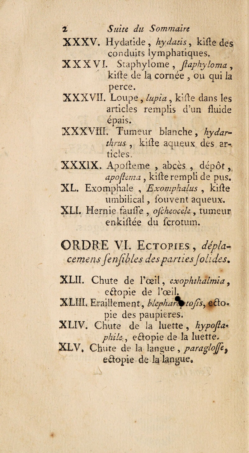 XXXV. Hydatide , hydatis, kifle des conduits lymphatiques. XXXV ï. Staphylome , Jiaphyloma , kifte de la cornée 5 ou qui la perce. XXXVII. Loupe, lupia 5 kifle dans les articles remplis d’un fluide épais. XXXVilL Tumeur blanche, hydar- thrus , kifle aqueux des ar¬ ticles, XXXIX. Apofteme , abcès , dépôt , apojlcma, kifle rempli de pus. XL. Exomphale , Exomphalus , kifle umbiiical , iouvent aqueux. XLI. He mie fauffe , ofcheocde , tumeur enkiflée du fçrotum. ORDRE VI. Ectopies , dépla- cernais jenjibles des partiesJoli des. XLII. Chute de l’œil, exophtkalmia 9 eélopie de l’œil. XLIIL Eraillement , biepha^noJïs9 e^iflo* pie des paupières. XLIV. Chute de la luette, hypojla* phïle, eélopie de la luette. XLV, Chute de la langue , paraglojje9 eélopie de la langue.