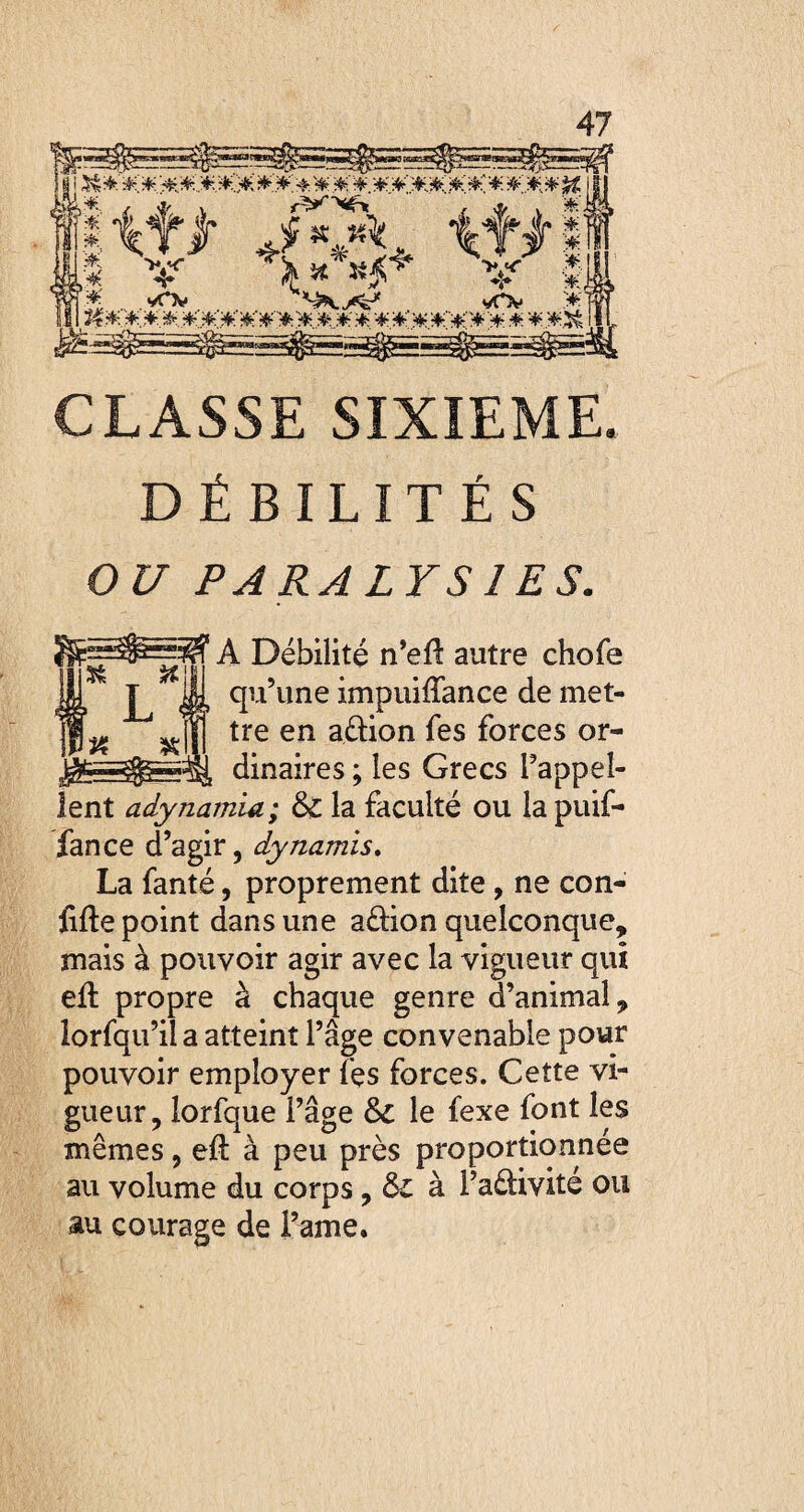 CLASSE SIXIEME. DÉBILITÉS OU PARA LYS 1 ES. \ Débilité n’efl: autre chofe qu’une impuilîance de met¬ tre en a&ion fes forces or¬ dinaires ; les Grecs l’appel¬ lent adynamia; &C la faculté ou lapuif- fance d’agir, dynamis. La fanté, proprement dite , ne con¬ fiée point dans une a&ion quelconque, mais à pouvoir agir avec la vigueur qui eil propre à chaque genre d’animal, lorfqu’il a atteint l’âge convenable pour pouvoir employer fes forces. Cette vi¬ gueur, lorfque l’âge &C le fexe font les mêmes, eft à peu près proportionnée au volume du corps, tk. à l’aétivite ou au courage de l’ame. ■U