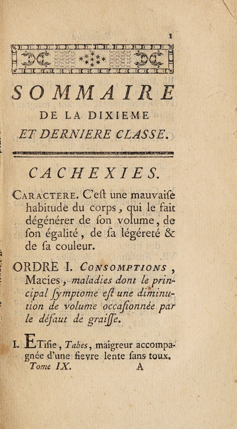 ^mnim M rrjrinir: ,'V #*$** **•* i:~TirirrnnrTr7riri^ ........ t locnora :sm SOMMA IR E DE LA DIXIEME ET DERNIERE CLASSE. CA CHE XIE S. Caractère. C’eft une mauvaife habitude du corps, qui le fait dégénérer de fon volume, de fon égalité, de fa légéreté & de fa couleur. 5 i ORDRE I. Consomptions , Macies . maladies dont le prin¬ cipal fymptome ejl une diminu¬ tion de volume occajionnèe par le défaut de graijfe. L Eîifie , Tabes, maigreur accompa¬ gnée d’une fievre lente fans toux. Tome IXo A