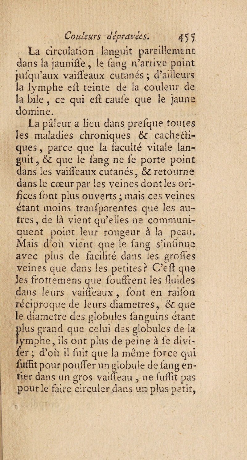 La circulation languit pareillement dans la jaunifie , le fang n’arrive point jufqu’aux vaiiTeaux cutanés ; d’ailleurs la lymphe efl teinte de la couleur de la bile, ce qui efl caufe que le jaune domine. La pâleur a lieu dans prefque toutes les maladies chroniques & cache ti¬ ques , parce que la faculté vitale lan¬ guit , & que le fang ne fe porte point dans les vaiffeaux cutanés, & retourne dans le cœur par les veines dont les ori¬ fices font plus ouverts ; mais ces veines étant moins tranfparentes que les au¬ tres, de là vient qu’elles ne communi¬ quent point leur rougeur à la peau. Mais d’où vient que le fang s’infinue avec plus de facilité dans les greffes veines que dans les petites? C’eft que les frottemens que foufFrent les fluides dans leurs vaiffeaux , font en raifon réciproque de leurs diamètres, & que le diametre des globules fanguins étant plus grand que celui des globules de la lymphe, ils ont plus de peine à le divi- fer ; d’où il fuit que la même force qui fuffit pour pouffer un globule de fang en¬ tier dans un gros vaifleau , ne fuffit pas pour le faire circuler dans un plus petit.