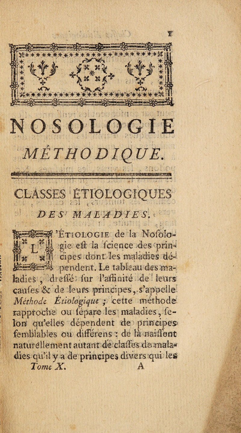 MÉTHODIQUE. CLASSES ÉTIOLOGIQUES ' c ^ V ! ■ ... DES MAL ADIES. ~ l ’Étiologie de la Nofolo- M L 'w fcience deS'priii^ dont. les maladies dé- pendent. Le tableaii des ma- îâdieà 5 drelTé - fur i’afîinité de ■ leurs caufes & de leurs pTmcipes, s’appelle Méthode Étiologique ; cette méthode rapproche ou fépare les’maladies, fé¬ lon qü’eües dépendent de principes^ femblables ou diffèren$ i dé là naiflent naturellement autant de clafFe^s dBimalâ'^ dies qu’il y a de principes divers qui leô Tome X, A