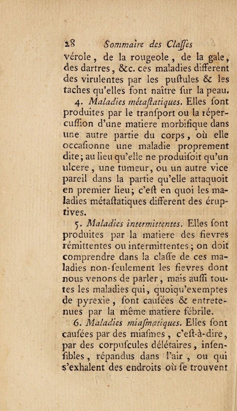 vérole 5 de la rougeole , de la gale, des dartres, &c. ces maladies different des virulentes par les puftules & les taches qu’elles font naître fur la peau, 4. Maladies métajiatiques. Elles font produites par le tranfport ou la réper- cuflion d’une maîiere morbifique dans une autre partie du corps, oîi elle occafionne une maladie proprement dite ; au lieu qu’elle ne produifoit qu’un ulcere, une tumeur, ou un autre vice pareil dans la partie qu’elle attaquoit en premier lieu; c’efl en quoi les ma¬ ladies métaflatiques different des érup¬ tives. 5. Maladies intermittentes. Elles font produites par la matière des fievres rémittentes ou intermittentes ; on doit comprendre dans la claffe de ces ma¬ ladies non-feulement les fievres dont nous venons de parler, mais aufîi tou¬ tes les maladies qui, quoiqu’exemptes de pyrexie, font caufées entrete¬ nues par la même matière fébrile. 6. Maladies miajmatiqiies. Elles font caufées par des miafmes , c’eff-à-dire, par des corpufcules délétaires, infen- fibles , répandus dans l’air , ou qui s’exhalent des endroits oîi fe trouvent