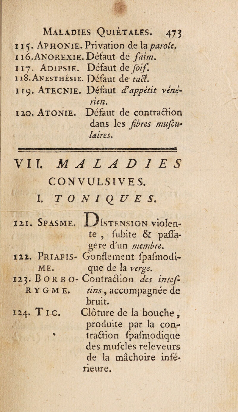 115. Aphonie. Privation de la parole, 116. Anorexie. Défaut de faim, 117. Adipsie. Défaut de n8. Anesthésie. Défaut de taB, 119. Atecnie. Défaut d'appétit véné-- rien, 120. Atonie. Défaut de contraéfion dans les fibres mufcu- laires. VIL MALADIES CONVULSIVES. I. T O N I (I U E S. ï 21. Spasme. Distension violen¬ te , fubite paffa- gere d\in membre, 121. Priapis- Gonflement fpafmodi- ME. que de la verge, 123. Borbo- Contraéfion des intefi R Y G M E. tins, accompagnée de bruit. 124. Tic. Clôture de la bouche, produite par la con- * traffion fpafmodique des mufcles releveurs de la mâchoire infé¬ rieure.