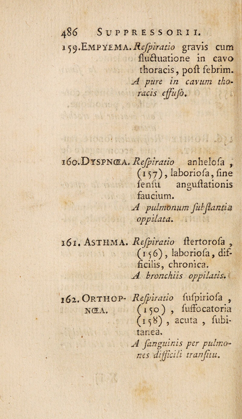 i 59.EMPy£MA./ie/^ir^rio gravis cum flii61uatione in cavo thoracis, pofl febrim. A pun in cavum tho^ racis cffufo. 160. DtspN(EA. Rejpiratio anhelofa ^ (i 57), laboriofa, line fenfii angulationis faucium. A pulmonum fuhjlantia oppilata, 161, Asthma. Refpirano Eertorofa , (156), laboriofa, dif¬ ficilis, chronica. A bronchiis oppilatis, • '162. Orthop- Refplratio fufpiriofa , NCSA. (150) » fudbcatoria (1^8) 5 acuta , fubi- tanea. « A fanguirJs per pulmo- ms di-fjkili tranjitu.