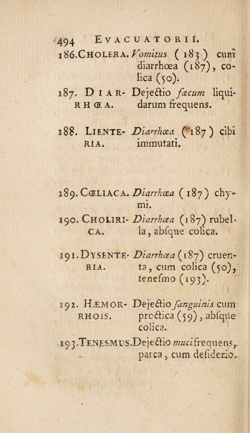 ^494 Evacuatoriî. 1*^6K, Fomitus (183) cuiîî diarrhœa (187), co¬ lica (50). 187. D I A R- Dejedlio fœcum liqiii- R H Œ A. darum frequens. î88. Liente- Diarrhœa (*187) dbi RIA. immuîati. i%(),Q(S.'L\kCK, Diarrhœa (187) cbj- mi. Î90. Choliri- Diarrhœa (187) rubeî* CA. la, abfqiie colica. Î91.DYSENTE- Diarrhœa cruen- RîA. ta 5 ciim colica (50), tenefmo (193). Î92. Hæmor- De]e^iofaTîgmrîisQ\\m RHOiS. prcdica (59) , abfque colica. - î 9 3 .Ten E S M us .De j e £f io muci freq u e ns ^ parca J cum defiderio..