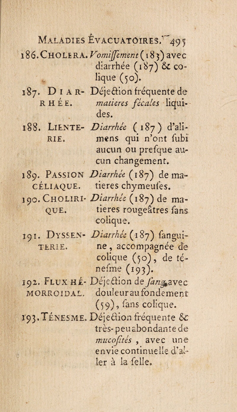 Maladies ÊvACUATôiRES.^49f 186. Cholera. Vomijfemcm ( 18 3) avec diarrhée (187) ôc co¬ lique (50). 187. D I A R- Déjeâ;ion fréquente de R H É E. matures fécales liqui¬ des. î88. LiENTE- Diarrhée (187) d’ali- RIE. mens qui n’ont fubi' aucun ou prefque au¬ cun changement. 189, Passion Diarrhée {\%f) de ma- cÉLiAQüE. tieres chymeules. 390. ChOLIRI* Diarrhée (187) de ma» que. tieres rougeâtres fans colique. 191. Dyssen- Diarrhée{\%f) fangui- TERiE. ne , accompagnée de colique (50), de té- nefme (193). 192. Flux HÉ- Déjedion dey^/z^avec MORROIDAL. doulcurau fondement (^9), fans colique. 193. Ténesme. Déjedion fréquente & très* peu abondante de mucojztés , avec une envie continuelle d’âl» Ier à la felle.