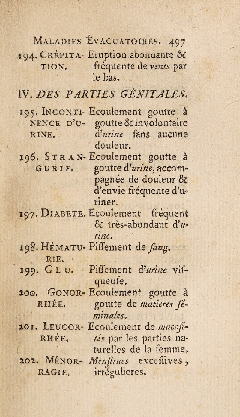 Ï94. Crépita* Eruption abondante & TiON. fréquente de vents par le bas. ÎV. DES PARTIES GÉNITALES, 195. IncontI'Ecoulement goutte à NENCE d'ü- goutte êcinvolontaire RiNE, hnrim fans aucune douleur. 196. Str an-Ecoulement goutte à G U RIE. goutte àlnrim^ accom¬ pagnée de douleur &: d’envie fréquente d’u¬ riner. 197. Dîabete. Ecoulement fréquent ôc très-abondant d’//- rlm, 198. Hématu- Piffement de fang, RIE. 199. Glu. Piffement à^urlne vif- queufe. 200. Gonor- Ecoulement goutte à RHÉE. goutte de matières fi- minales, 201. Leucor- Ecoulement àt mucofi* RHÉE, tes par les parties na¬ turelles de la femme, 202. Ménor- Menjirues exceffiyes ^ RAGie, irrégulières.