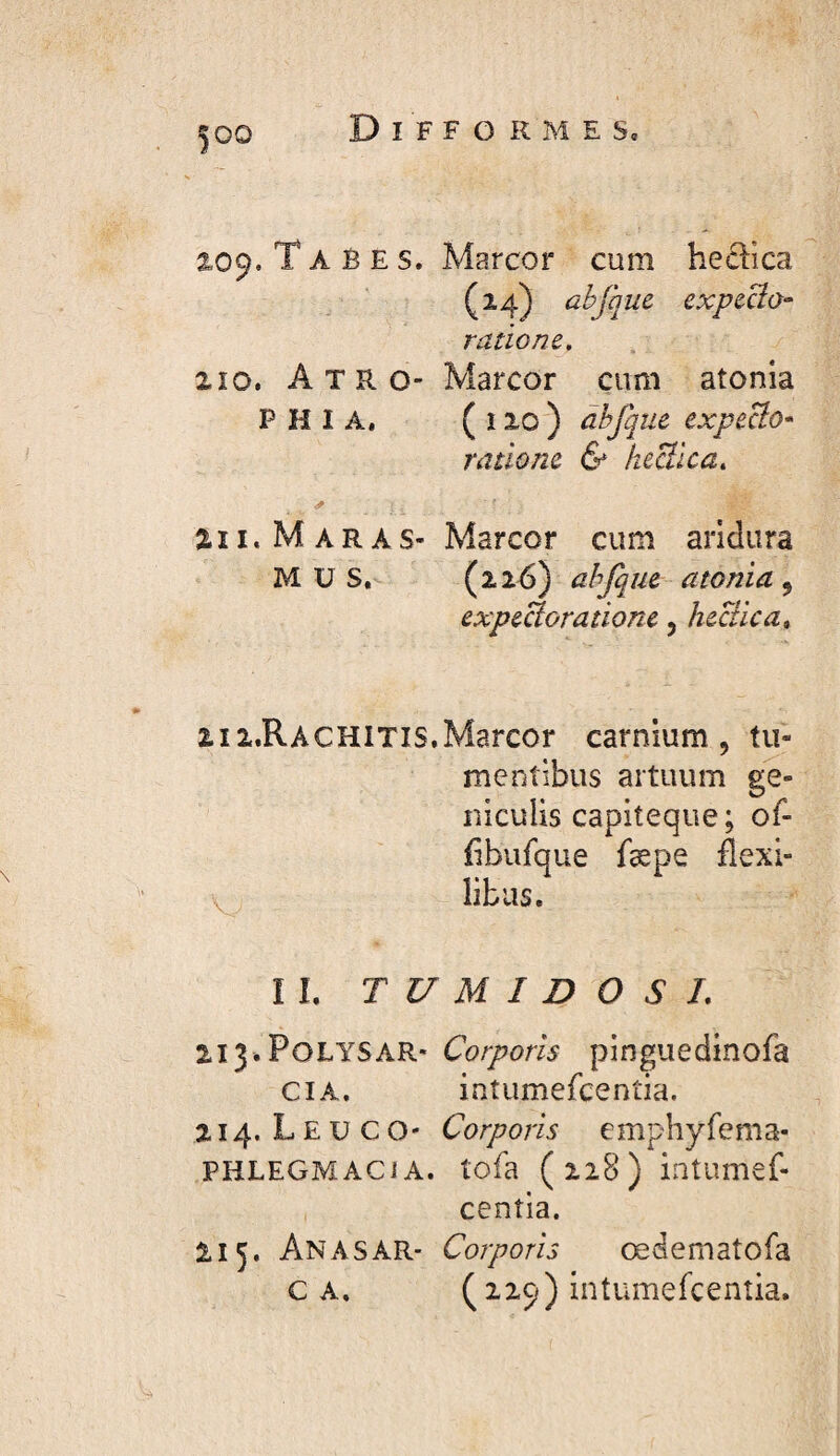 X09. Tabes. Marcor cum heclica (24) übfque expcBo- ratione, 2Î0. Atro- Marcor cum atonia P H I A, ( Î ) àhfque expeUo* ratione & hecllca, XII. M A R A s- Marcor cum arldura MUS. (226) ahfque atonia ^ expeBoratione, heaica^ iii.Rachitis.Marcor carnium, tu¬ mentibus artuum ge¬ niculis capiteque; of- {ibufque fæpe flexi- V libus. II. T U M I D O S L 213. PoLysAR- Corporis pinguedinofa CIA. intumefcentia. 214. Leuco- Corporis emphyfema- PHLEGMACiA. tofa (228) intumef¬ centia. 215. Anasar- Corporis œdematofa c A. (229) intumefcentia.