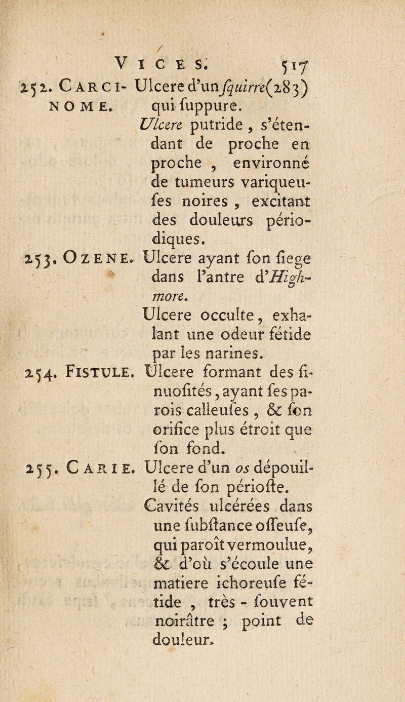 / Vices. 517 2.52“ Car CI- Ulcere d\iiiy^;^irre(28 3) NOM £. qui fuppure. Ulurc putride , s’éten¬ dant de proche en proche , environné de tumeurs variqueu- fes noires , excitant des douleurs pério¬ diques. 253. O Z E N E. Ulcere ayant fon fiege ^ dans l’antre d’Æ^A- D more. Ulcere occulte, exha¬ lant une odeur fétide par les narines. 254. Fistule, Ulcere formant des fi- nuofités, ayant fes pa¬ rois caiieufes , & fon orifice plus étroit que fon fond. 255. Carie. Ulcere d’un <?5 dépouil¬ lé de fon période. Cavités ulcérées dans une fubdanceoffeufe, qui paroît vermoulue, & d’où s’écoule une matière ichoreufe fé¬ tide , très - fouvent noirâtre ; point de douleur.