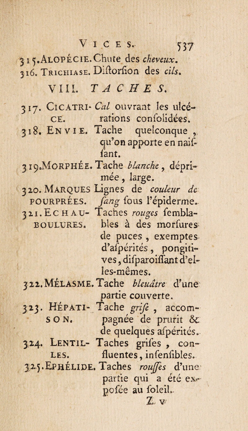 315, Alopécie.Chute des cheveux. 316. Trichiase. Diftoîfion des cils. VI IL TACHES. 317. CickTRV Cal ouvrant les u!cé- CE. rations confoUdées. 318. Envie. Tache quelconque 5, qu’on apporte en naif- fânt. 3Î99MCRPHÉE.Tache blanche^ dépri¬ mée , large. 320. Marques Lignes de couleur de POURPRÉES, fang fous l’épiderme» 311. E c H A U- Taches rouges fembla- BOULURES. blés à des morfures de puces , exemptes> d’afpérités, pongiti- ves, difparoiffant d’el¬ les-mêmes* 321. MÉLASME. Tache bleuâtre d’une partie couverte. 313. Hépati- Tache grlfe , accom- s O N. pagnée de prurit & de quelques afpérités» 3,24. Lentil- Taches grifes , cou¬ les. fluentes, infenhbîes. 323.Ephelide. Taches roujfes d’une^ partie qui a été P O fée au foleiL. E V'