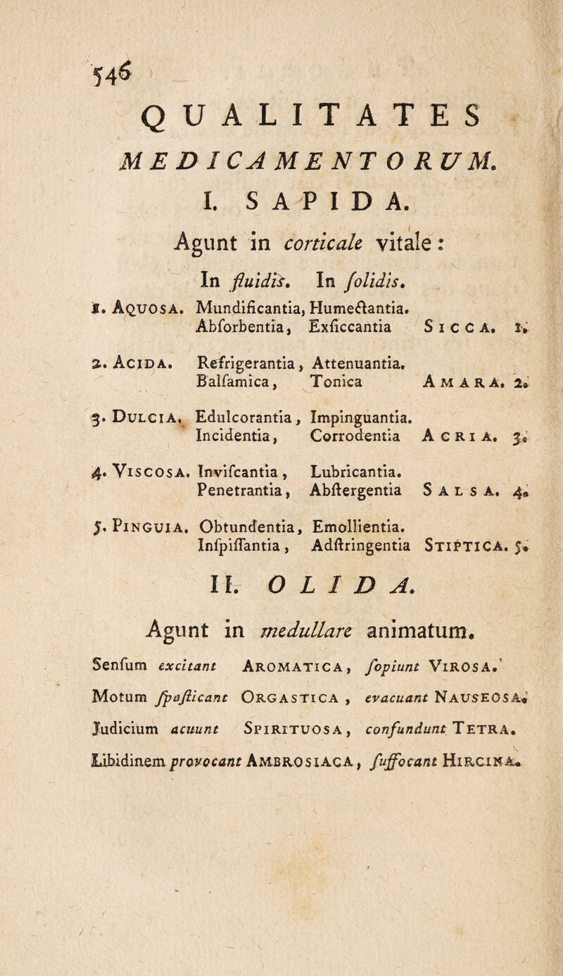 54^ QUALITATES MEDICAMENTORUM. I. SAPIDA. Agunt in corticale vitale : In fluidis\ In /olidis» f. Aquosa. Mundlficantia, Humeftantia. Abforbentia, Exficcantia S i c C A. a. Acida. Refrigerantia, Attenuantia. Balfamica, Tonica Amara, 2* 5. Dulcia, Edulcorantia, Impinguantia. Incidentia, Corrodentia Acria. 5« 4. Viscosa, Invifcantla , Lubricantia, Penetrantia, Abftergentia Salsa. 4« Pinguia, Obtundentia, Emollientia, Infpiflantia , Adftringentia StiptiCA. 5» II. OLIDA. Agunt in medullare animatum. Senfum excitant Aromatica, fopiunt Virosa.’ Motum fpafiicant Orgastica , evacuant NauseosaV Judicium acuunt Spirituosa, confundunt TETKX, Libidinemfroyoccnr Ambrosiaca, fuffocant Hircina*