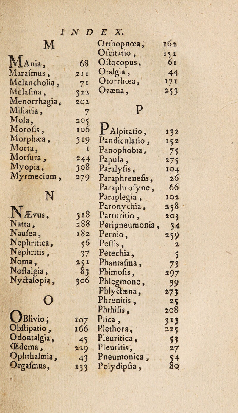 M Maiiu , 68 Marafmus, 211 Melancholia, 71 Melafma, 322 Menorrhagia, 202 Miliaria, 7 Mola, 205 Morofis, 106 Morphæa, 319 Morta, I Morfura, 244 Myopia, 308 Myrmecium,' 279 N IN'ævus, 318 Natta, 288 Naufea, 182 Nephritica, 56 Nephritis, 37 Noma, 251 Noftalgia, 83 Nyftalopia, 306 O livio; Î07 Obftipatio, 166 Odontalgia, 45 Œdema, 229 Ophthalmia, 43 Orgafmus, 133 Orthopnœa, 162 Ofcitatio, MI Oftocopus, 61 Otalgia , 44 Otorrhœa, Ozæna, 253 P itatio, 132; Pandiculatio, 152 Panophobia, 75 Papula, ^73 Paralyfis, 104 Paraphrenefis, 26 Paraphrofyne, 66 Paraplegia, 102 Paronychia, 258 * Parturitio, 203 Peripneumonia, 34 Pernio, 259 Peftis, 2 Petechia, 3 Phantafma, 73 Phimofis, 297 Phlegmone, 39 Phlydæna, 273 Phrenitis, 2Ç Phthifis, 208 Plica, 313 Plethora, 223 Pleuritica, 53 Pleuritis, 27 Pneumonica, 34 Polydipfta, 80