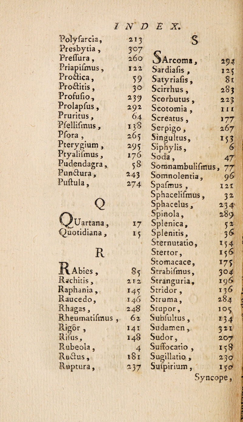 Polyfarcia, 213 s Presbytia, 307 SArcoma, Preflura, 260 ^94 Priapifmus, 122 Sardiafis , ✓ ^ 12? Prodica, 59 Satyriafis, sl Pro£i:itis, 30 Scirrhus, i8} Profufio., 239 Scorbutus, 22-2 Proiapfus, 292 Scotomia , 1 I I Pruritus , 64 Screatus, 177 Ffellifmus, 13« Serpigo, 267 Pfora , 265 Singultus, Pterygium, 295 Siphylis, Ptyalifmus, ijG Soda, 47 Pudendagra, 58 Somnambulifmus a 77 Punélura, 243 Somnolentia, qG Puftula, 274 Spafmus , y I2Î Sphacelifmus, 32 Q Sphacelus, 234- r^TT Spinola, 289 Quartana, 17 Splenica, 5^ Quotidiana, Splenitis, 3^ Sternutatio, 154 R Stertor, 156 l^Abies , Stomacace, 175 85 Strabifmus, 304 Rachitis , 212 Stranguria, 19^ Raphania , 145 Stridor, 136 Raucedo, 146 Struma, 284 Rhagas, 248 Stupor, 103 Rheumatifmus , 62 Subfultus, 134 Rigor , 141 Sudamen, 321 Rifus, 148 Sudor, 207 Pcubeola, 4 Suffocatio , 158 Ru£lus, 181 Sugillatio , 230 Ruptura, 237 Sufpirium, 130* Syncope,