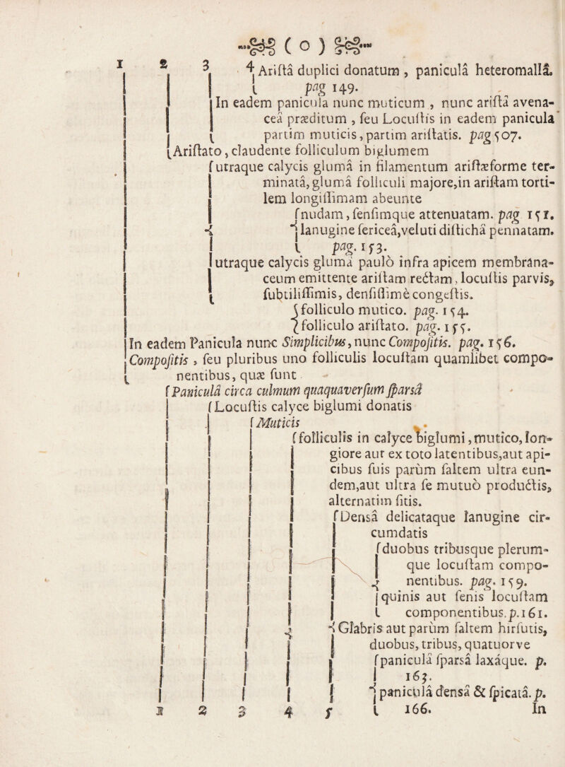4 Arifta duplici donatum , panicula heteromalli. I l Vag H9- In eadem panicula nunc muticum , nunc arifta avena¬ cea proditum , feu Locullis in eadem panicula partim muticis,parum ariitatis. pag^07. Ariftato > claudente foliicuium bigiumem f utraque calycis gluma in filamentum arifbeforme ter- I minata, gluma folliculi majorefin ariflam torti- I* lem longiffimam abeunte fnudam ,fenfimque attenuatam, pag i^i. •i *j lanugine fericea,veluti difticha pennatam. j 1 lutraque calycis gluma paulo infra apicem membrana¬ ceum emittente arillam redtam > locullis parvis^ | fubtiliffimis, denfifiimecongddis. jfoliiculo mutico, pag. 1^4. (folliculo ariflato. pag. !n eadem Panicula nunc Simplicibus, nunc Compofitk. pag. 1^6. ICompofitk > feu pluribus uno folliculis locuflam quamlibet compo- [ nentibus, quae funt Panicula circa culmum quaqttaverfum jparsfl (Locullis calyce biglumi donatis Muticis /folliculis in calyce biglumi,mutico, lon¬ giore aur ex toto latentibus,aut api- I* cibus fu is parum faltem ultra eu ri¬ dendam ultra fe mutuo produdfis* | alternarim fitis. [Densa delicataque lanugine cir¬ cumdatis I l (duobus tribusque plerum¬ que locuflam compo- q nentibus, pag. 159. j quinis aut fenis locuflam l componentibus, p.i 61. ^ Glabris aut parum faltem hirfutis, duobus, tribus, quatuorve i (panicula fparsa laxaque. p. I 163. I j panicula densa & fpicata.p. 3 4 1 l 166. In