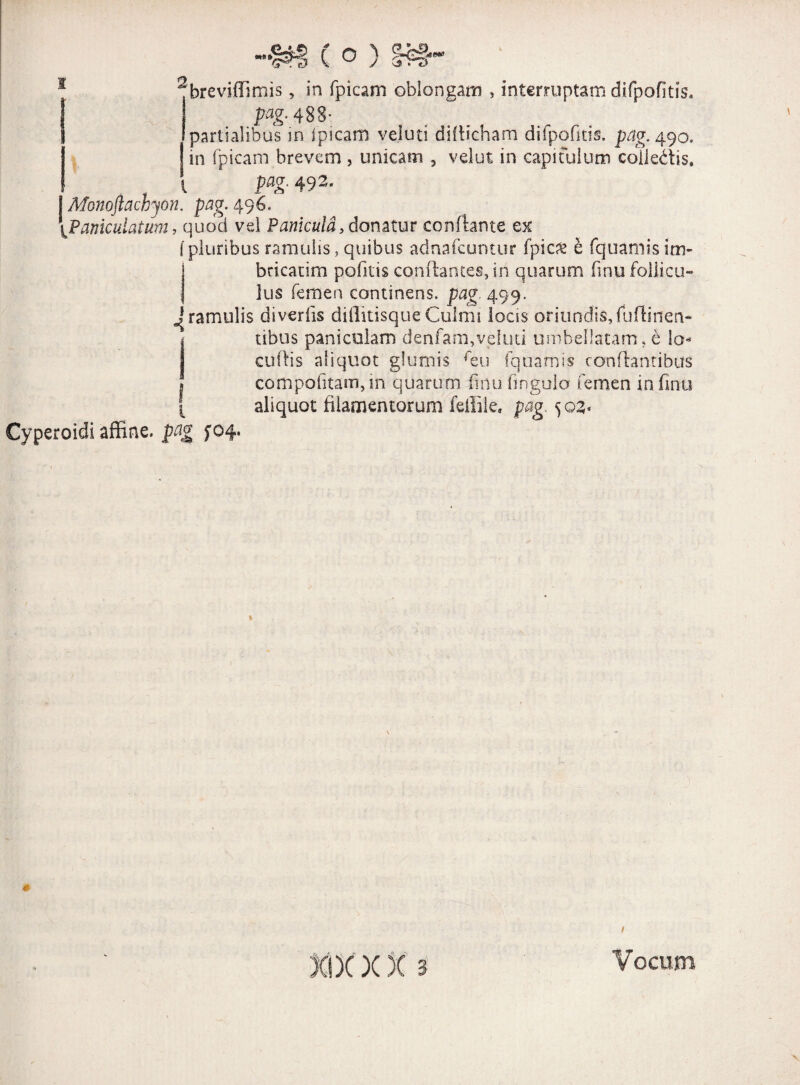 2breviffimis, in fpicam oblongam , interruptam difpofitis* pag- 488- partialibus in Ipicam veluti difticham difpofitis. pag. 490» in fpicam brevem , unicam , velut in capitulum colie&is, pag. 492. J Monoftachyon. pag. 496. I Pamculatum, quod vel Panicula, donatur conflante ex (pluribus ramulis, quibus adnafcuntur fpic& e fquamisim¬ bricarim politis conflantes, in quarum finu follicu¬ lus femen continens, pag. 499, ^ramulis diveriis diflitisque Culmi locis oriundis, fufliiien» tibus paniculam denfam,veluti umbellatam, e Io* cuflis aliquot glumis fm fquamis conflantibus » compofitam, in quarum finu finguio femen in finu [ aliquot filamentorum feffiie. pag. 502« Cyperoidi affine, pag 704. l
