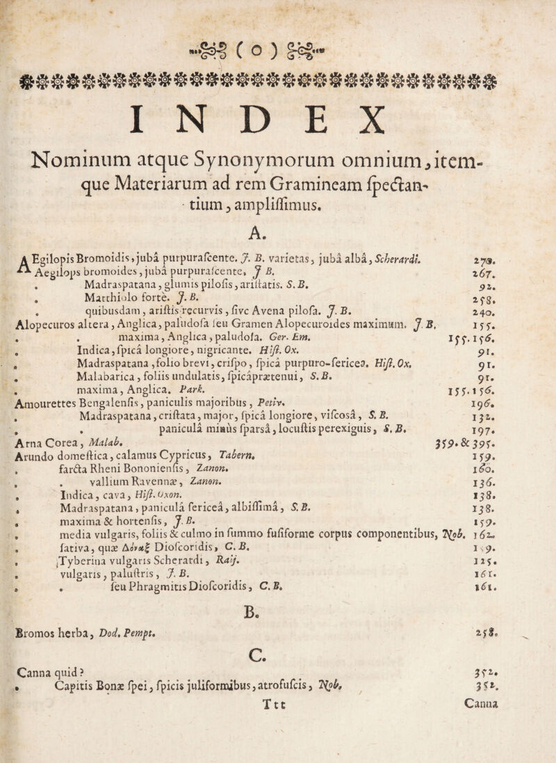 Nominum atque Synonymorum omnium, item- que Materiarum ad rem Gramineam lpe<fibm- • tium , ampliffimus. A. AEgilopisBromoidis, juba purpurafcentc. J. B. varietas, juba alba,Scherardl Aegilops bromoides, juba purpurafcente» J B. . Madraspatana, glumis pilofis, anilatis. S. B. . Matthiolo forte. J. B. . quibusdam , ariRis recurvis, live Avena pilofa. J. B. Alopecuros altera, Anglica, paludofa leti Gramen Alopecuroides maximum. J. B, , , maxima, Anglica ? paludofa. Ger. Em. 0 Indica,fpica longiore, nigricante. Hlfi.Ox. . Madraspatana ,folio brevi, crifpo, fpica purpuro-fericea. Hift. Ox. . Malabarica, foliis undulatis, fpicaprsetenui, S. B. . maxima, Anglica. Park. Amourettes Bengalenfis, paniculis majoribus, Petlv* . Madraspatana,criftata,major, fpica longiore, vifeosa, S.B. 9 . panicula mimus fparsa, locuftis perexiguis, B, ArnaCorea, Malab. Arundo domeftica, calamus Cypricus, Tabem• fardla Rheni Bononienfis, Zanon» . vallium Ravennae, Zanon. i 3 6. Indica, cava, Hifi.Oxon. 158. Madraspatana, panicula fericea, albifllma, £S. 13 g. maxima & hortenfis, y. ^ 159. media vulgaris, foliis & culmo in fummo fufiforme corpus componentibus, 1 62» fativa, quae Diofcoridisj C. B. 1 9. (Tyberina vulgaris Scherardi, 125. vulgaris, paluftris, ,7. B. i6r. . feuPhragmitisDiofcoridis, C. »<Ti. 273. z6t. 9Z. 240. 9*. 9r* 9r* 196. 132. 197« 159. Bromos herba, Pempt. B. c. Canna quid ? • Capitis Bonae fpei, fpicis juliforirdbus, atrofufeis, T^pb, Ttt K2-* Canna