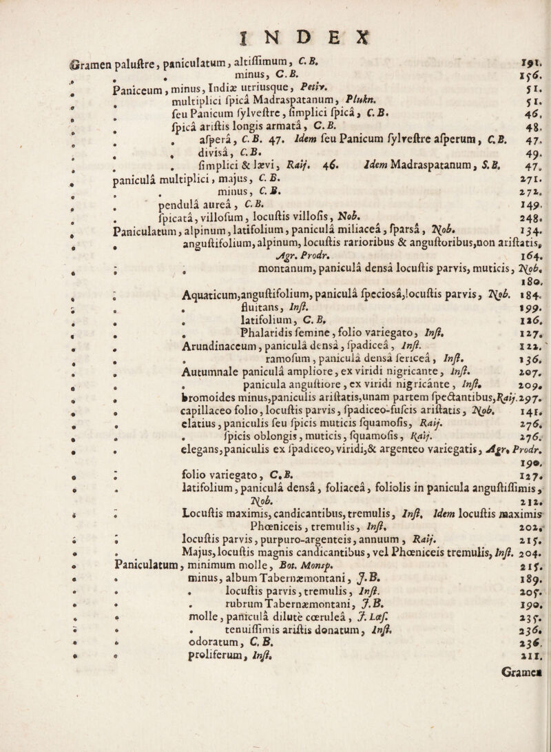 Uranien paluftre, paniculatum, altiflimum, C. B. „ minus, C.B. Paniceum , minus, India; utriusque, Petir. * © r?i. i$6. 5*. fi* 46. 48. 47* 49* 47. 271. 272. 149. 248. 154. multiplici fpica Madraspatanum, Plukn. feu Panicum fylveftre, fimplici fpica, C.B. I fpica ariftis longis armata, C. B. \ . afpera, C.B. 47. Idem feuPanicum fylveftreafperum, C.B. e . divisa, C.B. fimplici & Jsevi, Raij. 46. Idem Madraspatanum, S. B, panicula multiplici, majus, C. B. , . minus, C. B. . pendula aurea , C.B. . fpicata, villofum, locuftis villofis, No£. Paniculatum, alpinum,latifolium, panicula miliacea, fparsa, T{ob. , anguftifolium, alpinum, locuftis rarioribus & anguftoribus,non ariftatiss Jlgr.Prodr. 164. ; a montanum, panicula densa locuftis parvis, muticis, 7\ob. 18®. . Aquaticum,anguftifolium,panicula lpeciosa,!ocuftis parvis, 184. e . fluitans, lnji. 199. . * latifolium, C. B, 126. 9 e Phalaridis femine, folio variegato, Infl. 127, . Arundinaceum, panicula densa, fpadicea, Infl. 122. . . ramofum, panicula densa fericea, Infl. \$6. . Autumnale panicula ampliore, ex viridi nigricante, Infl. 207. e . panicula anguftiore, cx viridi nigricante, Infl,. 209. 9 bromoides minus,paniculis ariftatis,unam partem fpedantibus,^4i)'.297. o capillaceo folio, locuftis parvis, fpadiceo-fufcis ariftatis, tyb. 141, ® elatius, paniculis feu /picis muticis fquamofis, Raij. 276. . . fpicis oblongis,muticis, fquamofis, Raij. • elegans,paniculis ex lpadiceo, viridi,& argenteo variegatis, jigr% Prodr. l folio variegato, C.B. 127. • latifolium, panicula densa, foliacea, foliolis in panicula anguftiflimis, ?iob. 211. • Locuftis maximis,candicantibus,tremulis, Infl. Idem locuftis maximis Phoeniceis, tremulis, Infl. 201^ l locuftis parvis, purpuro-argenteis, annuum , Raij. 217. minimum molle, Bot. Monsp. 21$. minus, albumTaberimnontani, J.B. 189. . locuftis parvis,tremulis, Infl. 20 f. . rubrumTabernsemontani, J.B. 190. molle, panicula dilute coerulea , J. Loef. . tenuiflimis ariftis donatum, Infl. 2 $6* odoratum, C. B. proliferum, Infl. HI.