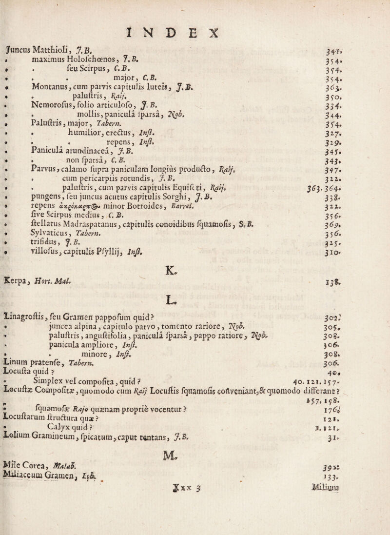 JuncusMatthioli, J.B, » maximus Holofcheenos, J.B. 354» » . feuScirpus, C.B, 344. • . . major, C.B. 354. • Montanus,cum parvis capitulis luteis, J.I>. 36$. • o paluftris, Balj. 350. • Neraorofus, folio articulofo, J. B. 334. » . mollis,panicula Iparsa, 2\ob, 344. • Paluftris, major, Tabem. 354, » • humilior, eredtus, Infi. 327. • . . repens, Infi, 319. • Panicula arundinacea, J.B. 345, • . non iparsa, C.B. 343* • Parvus, calamo fupra paniculam longius produ&o, i\atjf 34 7* » 0 cum pericarpiis rotundis, J.B, 322» • . paluftris,cum parvis capitulis Equiferi, Bgij* $63.364« • pungens, feu juncus acutus capitulis Sorghi, J.B. 33g. » repens ax£o>c0tg'x{&> minor Botroides, Barrel. 321, • live Scirpus medios, C.B, 336« • ftellatus Madraspatanus, capitulis conoidibus fiquamofis, Sv B, 369* • Sylvaticus, Tabem. 35 6« • trifidus, J.B. 323, • villofus, capitulis PfiyJiij, Infi. 310 Kerpa, Hort.Mak L. Linagroftis,feu Gramen pappofum quid ? « juncea aipina, capitulo parvo, tomento rariore, » paluftris, anguftifolia, panicula Iparsa, pappo rariore • panicula ampliore, Infi. • m . minore, Infi, Linum pratenfe, Tabem, Locufta quid ? • Simplex vel compofita, quid ? 40 Locufta Compofita?, quomodo cum R&lj Locuftis fquamofis co!lyeniant38c quomodo 15S, 302’ 305«, 3 08» 30&. * Iquamofie quamam proprie vocentur ? Locuftarum ftru<ftura quae ? • Calyx quid? Lolium Gramineum, fpicatum 3.caput tantans, J, B, 30^. 4©» .121.157. differant? 1-5,7.158. 176* 12 f. 3. 12 1,. 31, Me Corea, MataB. Miaceum Gramen^ £o& xx 3 3$*: 133. Mi.liu®
