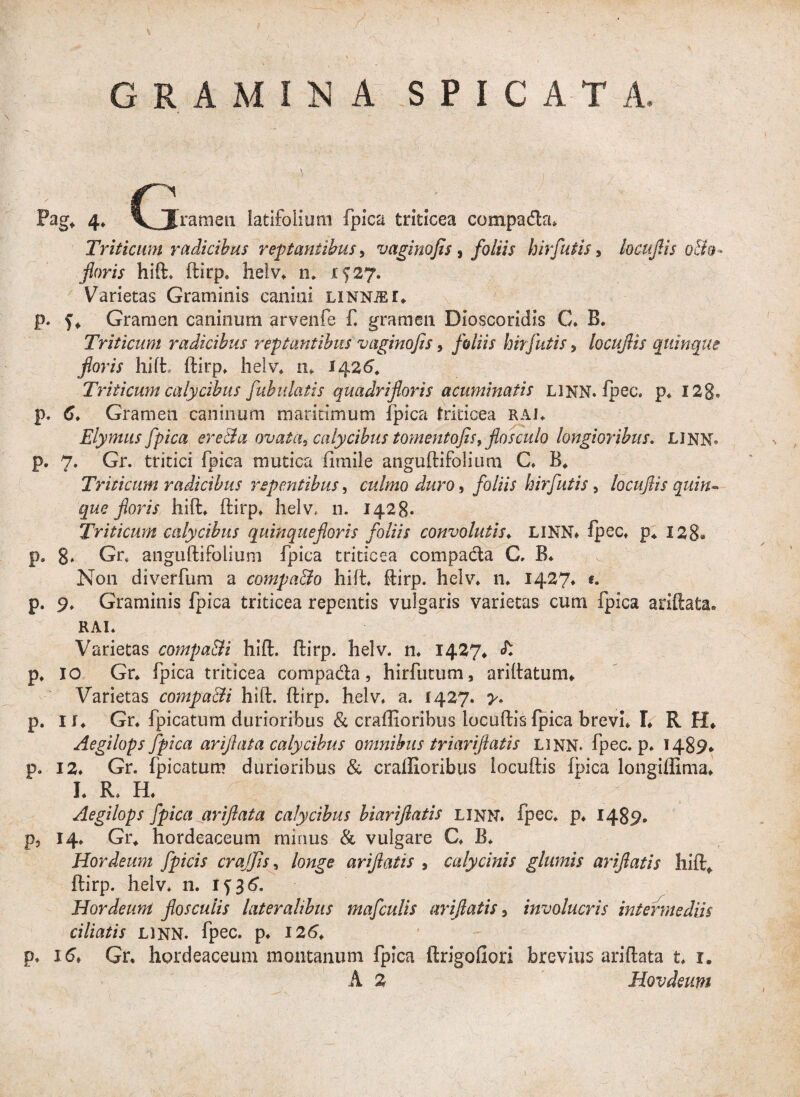 G RAM IMA SPICATA, Pag* 4* (jframen latifolium fpica triticea compada. Triticum radicibus reptantibus, vaginofis , foliis hir futis, locuflis o&o- floris hift, ftirp. helv* n. 1527. Varietas Graminis canini LiNNiEi* p. f* Gramen caninum arvenfe f. gramen Dioscoridis G. B. Triticum radicibus reptantibus vaginofis, foliis hir futis, locuflis quinque floris hift, ftirp. helv. 11* 1426'. Triticum calycibus fibulatis quadri floris acuminatis LINN. fpec, p* 128* p. 6. Gramen caninum mari cimum fpica triticea rai* Elymus fpica ere&a ovata, calycibus tomentofis, flosculo longioribus. LINN* p. 7. Gr. tritici fpica mutica fimile anguftifolium C, B* Triticum radicibus repentibus, culmo duro, foliis hirfutis, locuflis quin» que floris hift, ftirp, helv, n. 1428. Triticum calycibus quinquefloris foliis convolutis♦ LINN» fpec, p, 128« p» 8» Gr, anguftifolium fpica triticea compada C, B* Non diverfum a compa&o hift, ftirp. helv, n* 1427» p. 9, Graminis fpica triticea repentis vulgaris varietas cum fpica ariflata. RAI. Varietas compa&i hift. ftirp. helv. n, 1427* <£ p, IO Gr* fpica triticea compada, hirfutum, ariftatum» Varietas compa&i hift. ftirp. helv, a. 1427. y. p, i i* Gr. fpicatum durioribus & craffioribus locuftis fpica brevi. I* R H* Aegilops fpica ariflata calycibus omnibus tr i ariflatis linn. fpec. p. 1489» p. 12. Gr, fpicatum durioribus & craffioribus locuftis fpica longiffima* I. R, H. Aegilops fpica ariflata calycibus biariflatis linn. fpec. p. 1489. p, 14. Gr. hordeaceum minus & vulgare C. B. Hordeum fpicis crajjis, longe ariflatis , calycinis glumis ariflatis hift. ftirp. helv. n. 1 ^36. Hordeum flosculis lateralibus mafculis ariflatis, involucris intermediis ciliatis LINN. fpec. p. 126, p. i6t Gr, hordeaceum montanum fpica ftrigofiori brevius ariflata t, i.