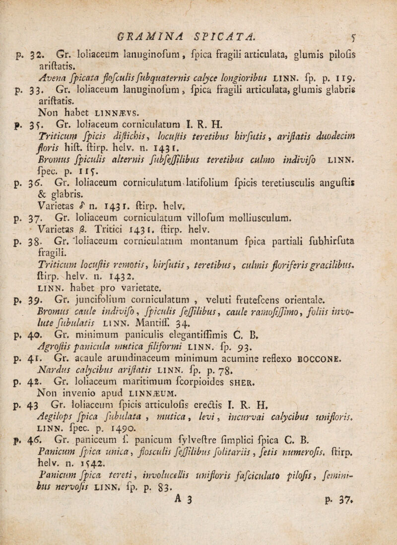 p. 32. Gr. loliaceum lanuginofum, fpica fragili articulata, glumis pilofis ariftatis. Avena fpicata flofculis fubquaternis calyce longioribus LINN. fp. p. 119. p. 33. Gr. loliaceum lanuginofum» fpica fragili articulata, glumis glabris ariftatis. Non habet linntf.vs. p. 35* Gr. loliaceum corniculatum I. R. H. Triticum Jpicis diflichis, lacu/lis teretibus hir futis, arijlatis duodecim floris hift. ftirp. helv. 11. 1431. Brornus fpiculis alternis fubfejjilibus teretibus culmo indivifo LINN» fpec. p. 11 f. p. 3 6. Gr. loliaceum corniculatum latifolium fpicis teretiusculis anguftis & glabris. Varietas I n. 1431. ftirp. helv. p. 37. Gr. loliaceum corniculatum villofurn molliusculum. Varietas 0. Tritici 143 f. ftirp. helv. p. 38* Gr. ftoiiaceum corniculatum montanum fpica partiali fubhirfuta fragili. Triticum locuflis remotis, hir futis , teretibus, culmis floriferis gracilibus, ftirp. ^helv, n. 1432. LINN. habet pro varietate. p* 35*. Gr. juncifoliiim corniculatum , veluti frutefcens orientale. Bromiis caule indivifo, fpiculis fejfilibus, caule ramofijjimo, foliis invo¬ lute fibulatis LINN. MantilT. 34. p. 40. Gr. minimum paniculis elegantiffimis C. B. Agrofiis panicula mutica filiformi linn. fp. 93. p. 4r. Gr. acaule arundinaceum minimum acumine reflexo boccone. Nardus calycibus arijlatis linn. fp. p. 78, p. 42. Gr. loliaceum maritimum fcorpioides sher. Non invenio apud linnjeum. p. 43 Gr. loliaceum fpicis articulofis eredis I. R. H. Aegilops fpica fibulata , mutica, levi, incurvai calycibus unifloris. linn. fpec. p. 1490. p. 46. Gr. paniceum f. panicum fylveftre fimplici fpica C. B. Panicum fpica unica, flosculis fejfilibus folitariis ^ fetis numerofis« ftirp. helv. n. i?42. Panicum fpica tereti, involucellis unifloris fafciculatO pilofis, femini¬ bus nervo fis LINN. fp. p. 83. A 3 P- 37*