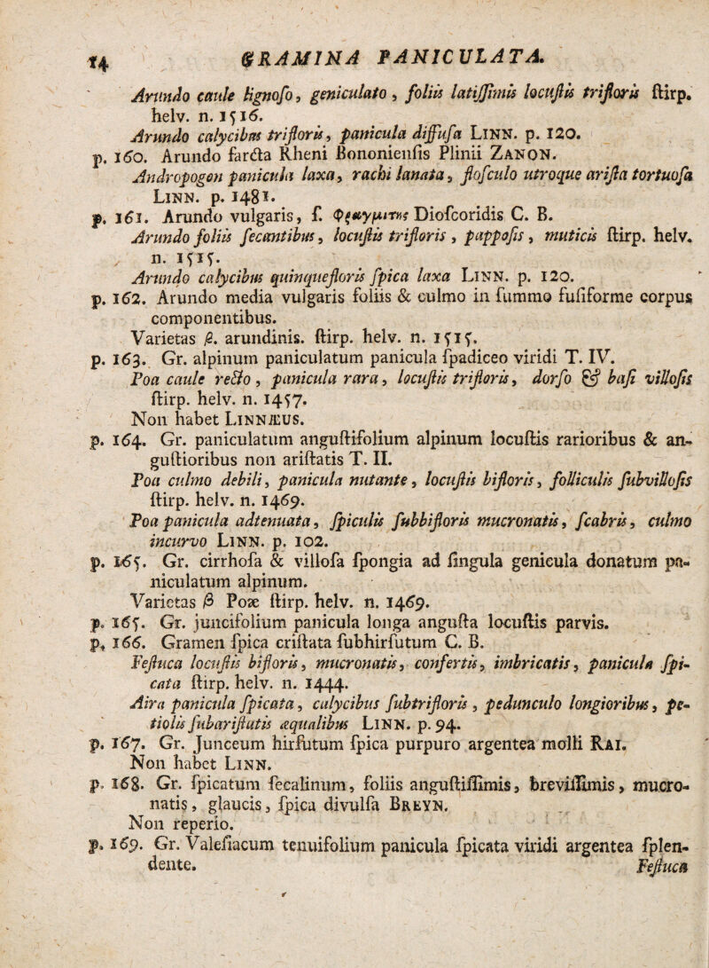 f4 $ RAMI NA FANIC ULATA. Arundo caule Hgnofo , geniculato, foliis latijfimis locufiis trifioris ftirp. helv. n. 1516, Arundo calycibus trifioris, particula diffufa LlNN. p. 120. p. 160. Arundo far&a Rheni Bononienfis Plinii Zanon. Andropogon panicula laxa, rachi lanata, fiofculo utroque arifici tortuofa Linn. p. 148^« p. 361. Arundo vulgaris, f. (p^tcy/^tw Diofcoridis C. B. Arundo foliis fecantibm, locufiis trifioris , pappofis, muticis ftirp. helv. n. Arundo calycibus quinquefioris fpica laxa Linn. p. 120. p. J62. Arundo media vulgaris foliis & culmo in fummo fufiforme corpus componentibus. Varietas fi. arundinis, ftirp. helv. n. ifif. p. 163. Gr. alpinum paniculatum panicula fpadiceo viridi T. IV. Foa caule re&o, panicula rara, locufiis trifioris, dorfo baji villofis ftirp. helv. n. 1457. Non habet Linnjcus. p. 154. Gr. paniculatum anguftifolium alpinum locufiis rarioribus & an- guftioribus non ariftatis T. II. Foa culmo debili, panicula nutante, locufiis bifioris, folliculis fubvillofis ftirp. helv. n. 1469. Foa panicula adtenuata, fpiculis fubbifioris mucronatis, fcabris, culmo incurvo Linn. p. 102. p. £65. Gr. cirrhofa & villofa fpongia ad lingula genicula donatum pa¬ nicula tum alpinum. Varietas /3 Pose ftirp. helv. n. 1469. p. 16 f. Gr. juncifolium panicula longa angufta locufiis parvis, p* 166. Gramen fpica criflata fubhirfutum C. B. Fefiuca locufiis bifioris, mucronatis, confertis, imbricatis, panicula fpi- cata ftirp. helv. n. 1444. Air a panicula fpicata, calycibus fubtrifioris , pedunculo longioribus, rio/# Juharifiutis aqualibus LlNN. p. 94. p. 167« Gr Junceum hirfutum fpica purpuro argentea molli Rai. N011 habet Linn. P 168- Gr. fpicatum fecalinum, foliis anguftiffimis, breviillmis, mucro¬ natis, glaucis, fpica divulfa Breyn. Non reperio. p. 169. Gr. Valefiacum tenuifolium panicula fpicata viridi argentea fplen- dente. Fefiuca r