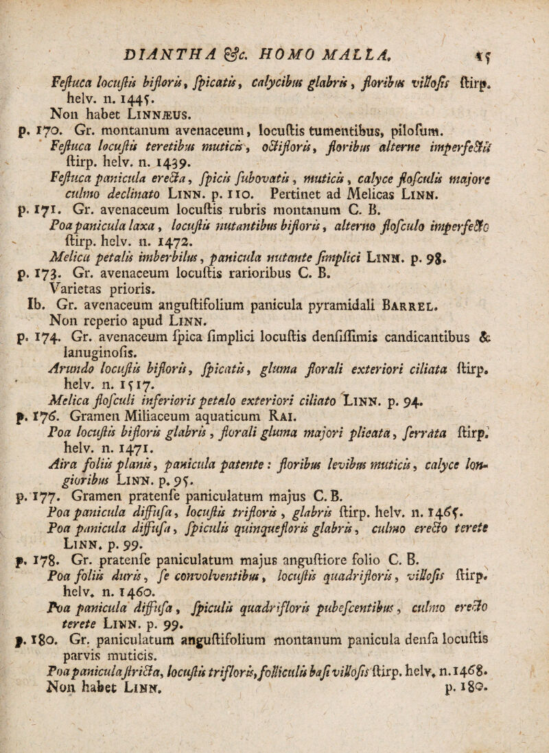 DIANTHA HOMO MALIA, tf Fejfuca locuftis biflor is , [picatis, calycibus glabris, floribus viSofls ftirp. helv. n. 144 f. v ,/ ; . Non habet LiNNiEUS. p. 170. Gr. montanum avenaceum, locuftis tumentibus, pilofum. Fefluca locufiis teretibus muticis, ocii flor is, floribus alterne impevfe&is' ftirp. helv. n. 1439. Fefluca panicula ereda, [picis [ubovatis, muticis s calyce fiofculis majore culmo declinato Linn. p. 110. Pertinet ad Melicas Linn. p. 171. Gr. avenaceum locuftis rubris montanum C. R. Foa panicula laxa, locuftis nutantibus bifloris, alterno fioflculo imperfe&c ftirp. helv. n. 1472. Melica petalis imberbilus, panicula nutante fimplici Lsnn. p. 98* p. 173. Gr. avenaceum locuftis rarioribus C. B. Varietas prioris. Ib. Gr. avenaceum anguftifolium panicula pyramidali Barrel* Non reperio apud Linn. p8 174. Gr. avenaceum fpica fimplici locuftis denfiilimis candicantibus & lanuginofis. Arundo locuftis bifloris , [picatis, gluma flor ali exteriori ciliata ftirp. f helv. n. ifi7- Melica floflculi inferioris petalo exteriori ciliato LlNN. p. 94. p. V?6. Gramen Miliaceum aquaticum Rai. Foa locuftis bifloris glabris , flor ali gluma majori plicata, [errata ftirp.' helv. n. 1471. Atra [oliis planis, panicula patente t floribus levibus muticis, calyce lon* gloribus Li NN. p* 9 ?. p. 177. Gramen pratenfe paniculatum majus C. B. Foa panicula dijfufla, locuftis tr i flor is , glabris ftirp. helv. 11. 1464. Foa panicula dijfufla, [piculis quinque^flor is glabris, culmo er eido teret e Linn* p. 99. p, 178« Gr. pratenfe paniculatum majus anguftiore folio C. B. Foa [oliis duris, [e convolventibus, locuftis quadrifloris, villofis ftirp. helv* n. 1460. Foa panicula dijfufla , [piculis quadrifloris pubefcentibm 3 culmo er edo terete Linn. p. 99. p. 180. Gr. paniculatum anguftifolium montanum panicula denfa locuftis parvis muticis. Foa paniculaJiricla, locuftis trifloris, folliculis baji villoflisVdtp, helv* 11.1468* Non habet Linn. p. 180.