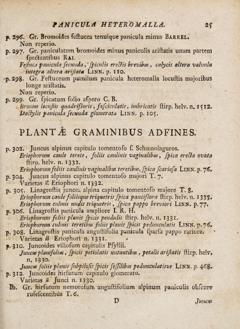 f. 296. Gr. Bromoides feftucea tenuique panicula minus Barril. Non reperio. p. 297. Gr. paniculatum Bromoides minus paniculis ariftatis unam partem fpectantibus Rai. Fejhica panicula fecunda / [piculis ere&is brevibus , calycis altem valvula integra altera ariftata Linn. p. IIO. p.298« Gr. JFeftuceutn pumilum panicula heteromalla locuftis majoribus longe ariftatis. Non reperio. p. 299. Gr. (picatum folio afpero C. B. Bromiis locufiis quadrif,‘loris, fafciculatis 3 imbricatis ftirp, helv* n* If 12. Daily lis panicula fecunda glomerata Linn. p. 105. PLANT JE GRAMINIBUS AD FINES. p, 302. Juncus alpinus capitulo tomentofo f. Schoenolaguros. Eriophorum caule terete 3 foliis caulinis vaginalibus, fpica ere&a ovata ftirp. helv. n. 1332. Eriophorum foliis caulinis vaginalibus teretibus, fpica fcariofa LlNN. p. 76.' p. 304. Juncus alpinus capitulo tomentofo majori T, 7. Varietas $ Eriophori 11.1332. p. 305. Linagroftis juncea alpina capitulo tomentofo majore T. §. Eriophorum caule foliisque triquetris fpica pauciflora ftirp. lielv. n. 133 3* Eriophorum culmis nudis triquetris, fpica pappo breviori LlNN. p.77, p. 305. Linagroftis panicula ampliore I. R. H. Eriophorum foliis planis fpicis pendulis ftirp. lielv. n. 1331. Eriophorum culmis teretibus foliis planis fpicis pedunculatis LlNN. p. 7^* p. 308. Linagroftis panicula anguftifolia panicula fparfa pappo rariore. Varietas 0 Eriophori 11. 1331. * . p. $IG. Juncoides villofum capitulis Pfyllii. Juncusplanifolm, fpicis petiolatis nutantibus, petalis arrjlatis ftirp. lielv* n. 1330. Juncus foliis planis fubpilofis fpicis fejfdibus pedunculatisve LlNN.p. 468*- p. 312. Juncoides hirfutum capitulo giomerato. Varietas /3. Junci n. 1330. '/ Ib. Gr. hirfutum nemorofum anguftifolium alpinum paniculis ofcfcure rufefcentibUs T. 6* D Junctu