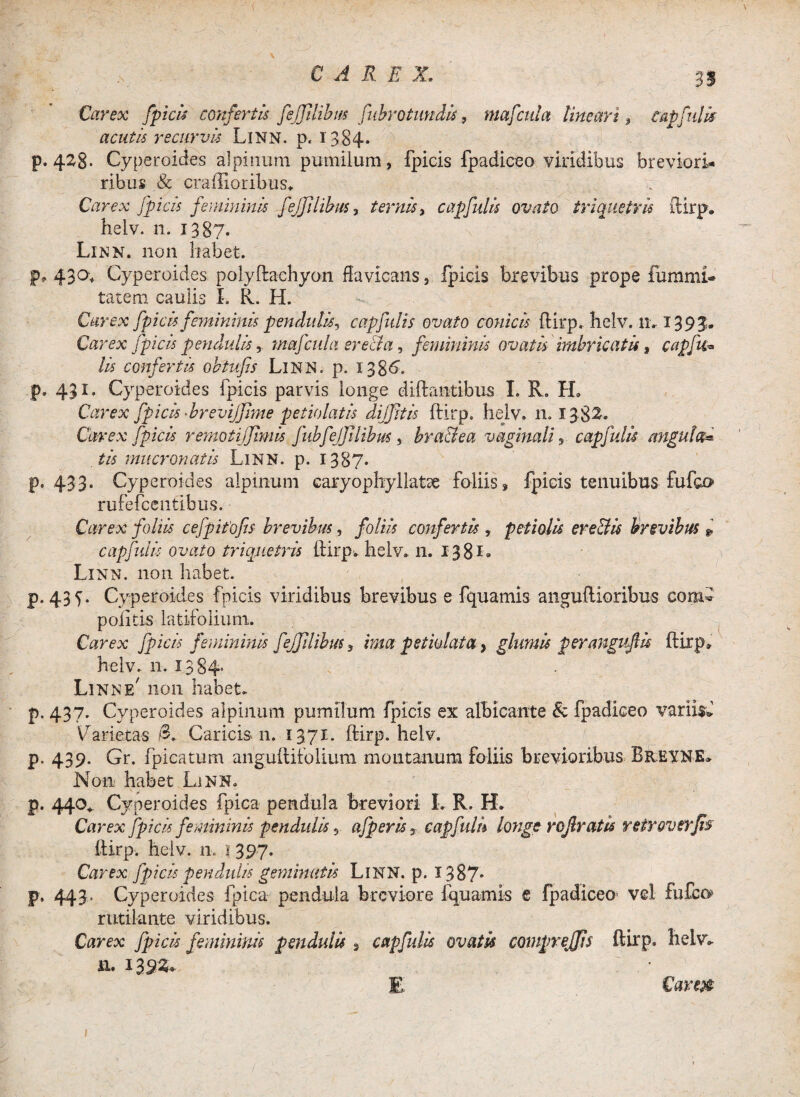 Carex [ficis confertis fejjilibm fubrotundk, mafcula tineari , capfuti# acutis recurvis LlNN. p. 1384* p. 4^8- Cyperoides a]pinum pumilum, fpicis fpadiceo viridibus breviori» ribus & eraffioribus* Carex fpicis femininis fejjilibm, ternis > cap fui is ovato triquetris ftirp. helv. n. 1387. \ Linn. non habet. p* 430* Cyperoides polyftachyon ffavicans, fpicis brevibus prope fummi- tatem caulis I. R. H. Carex fpicis femininis pendatis, cap futis ovato conicis ftirp. helv. 11* 1393. Carex fpicis pendulis, mafcula ere&a, lis confertis oh tufis LlNN. p. 138^. p. 431. Cyperoides fpicis parvis longe diftantibus I. R. H. Carex fpicis •brevijjime petiolatis dijjitk ftirp. helv. 11.138^» Carex fpicis remotijjimis Jiibfejjilibm , bratlea vaginali 5 capfulk angui a* tis mucronatis Linn. p. 1387» p. 433. Cyperoides alpinum caryophyllatoe foliis, fpicis tenuibus fufco rufefcentibus. Carex foliis cefpitofis brevibus, foliis confertis, petiolis eredis brevibus » capfulis ovato triquetris ftirp. helv. 11. X 3 81 ® Linn. non habet. p. 43 Cyperoides fpicis viridibus brevibus e fquamis anguftioribus corxG politis latifolium. Carex fpicis femininis fejjilibm 3 ima petiolata, glumis perangufik ftirp» helv. 11. 1384* Linn e' non habet. p. 437. Cyperoides alpinum pumilum fpicis ex albicante & fpadkeo variis* Varietas 3. Caricis n. 1371. ftirp. helv. p. 439. Gr. fpicatum anguftifolium montanum foliis brevioribus Breyne» N011 habet Linn. p. 440* Cyperoides fpica pendula breviori I. R. H. Carex fpicis femininis pendulis , afperis, capfulk longe rojlratk retr over Jis ftirp. helv. n. 1 397. Carex fpicis p en didis geminatk Linn. p. x 3 87- p* 443» Cyperoides fpica pendula breviore fquamis e fpadiceO' vel fufco rutilante viridibus. Carex fpick femininis pendulk » capfulk ovatis comprejjis ftirp. helv* n. 1393« femininis ovatis imbricatu, cap fu*