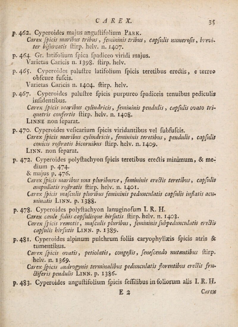 3f p. 462. Cyperoides majus anguftifolium Fark. Carex Jpicis maribus tribus , femininis tribus 9 capfulis numerofs, brevi* ter bifurcatis ftirp. helv. n. 1407. p. 464. Gr. latifolium fpica fpadiceo viridi majus. Varietas Caricis 11. 1398. ftirp. helv. p. 4^y. Cyperoides paluftre latifolium fpicis teretibus erectis, e terrea obfcure fufcis. Varietas Caricis 11. 1404. ftirp. helv. p. 467. Cyperoides paluftre fpicis purpureo fpadiceis tenuibus pediculis infid entibus. Carex fpicis maribus cylindricis, femininis pendulis ? capfilis ovato triw quetris confertis ftirp. helv. n. 1408. Linne non feparat. p. 470. Cyperoides velicarium fpicis viridantibus vel fubfufcis. Carex fpicis maribus cylindricis, femininis teretibus f pendulis , capfuUs conicis roflratis bicornibus ftirp. helv. n. 1409. Linn. non feparat. p. 472. Cyperoides polyftachyon fpicis teretibus eredis minimum. Se me«* dium p. 474. & majus p. 476. Carex fpicis maribus una pluribus ve, femininis ere&is teretibus, capfulis ampullatis rofiratis ftirp. helv. 11. 1401. Carex fpicis mafculis pluribus femininis pedmculatis capfulis inflatis acu» minatis Linn. p. 1388» p. 478. Cyperoides polyftachyon lanuginofum I. R. H. Carex caule foliis capfulis que hir futis ftirp. helv. n. 1403* Carex fpicis remotis, mafculis pluribus, femininis fubpedunadatis ere&is capfulis hirfutis Linn. p, 1389» p. 481. Cyperoides alpinum pulchrum foliis caryophylkeis fpicis atris & tumentibus. Carex fpicis ovatis, petiolatis, congeJHs, fenefcendo nutantibus ftirp, helv. n. 1369. Carex fpicis androgynis terminalibus pedunculatis florentibus ere&is frtiw Biferis pendulis Linn. p. 138^» p. 483, Cyperoides anguftifolium fpicis feffilibus in loliorum alis I. R. H* E % Carm
