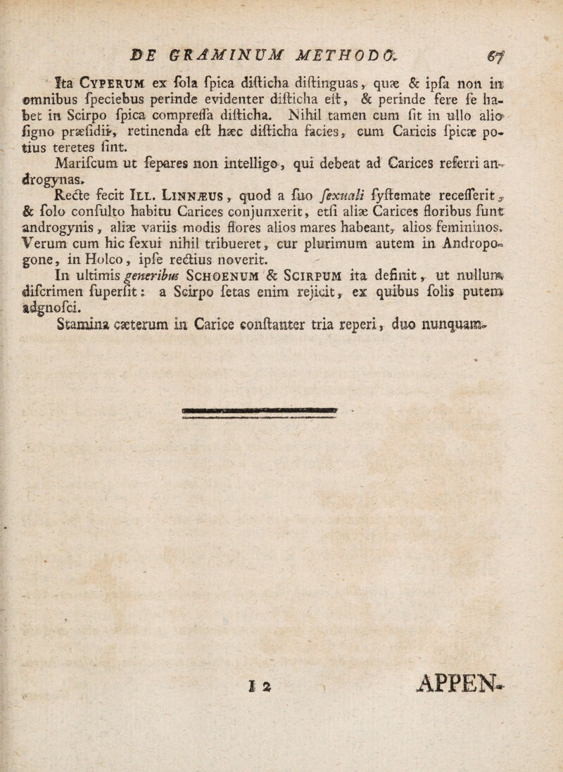 Ita Cyperum ex fola fpica difticha diftinguas, qnse & ipfa non iit ©mnibus fpeciebus perinde evidenter difticha eft, 8c perinde fere fe ha¬ bet in Scirpo fpica compreifa difticha. Nihil tamen cum fit in ullo alio5 ligno prseiidii', retinenda eft haec difticha facies r eum Caricis fpicse po¬ tius teretes fint. Marifcum ut fepares non Intelligo, qui debeat ad Carices referri an- drogynas» Re<fte fecit III. Linnjeus ,■ quod a fuo fexuali fyftemate receflerit & folo confulto habitu Carices conjunxerit, etfi aliae Carices floribus funt androgynis * aliae variis modis flores alios mares habeant* alios femininos. Verum cum hic fexui nihil tribueret, cur plurimum autem in Andropo« gone, in Holco, ipfe redlius noverit. In ultimis generibus Schoenum & Scirpum ita definit , ut nullum difcrimen fuperfit: a Scirpo fetas enim rejicit r ex quibus folis putem adgnofci. Stamina cseterum in Carice conftanter tria repeti* duo nunquam*