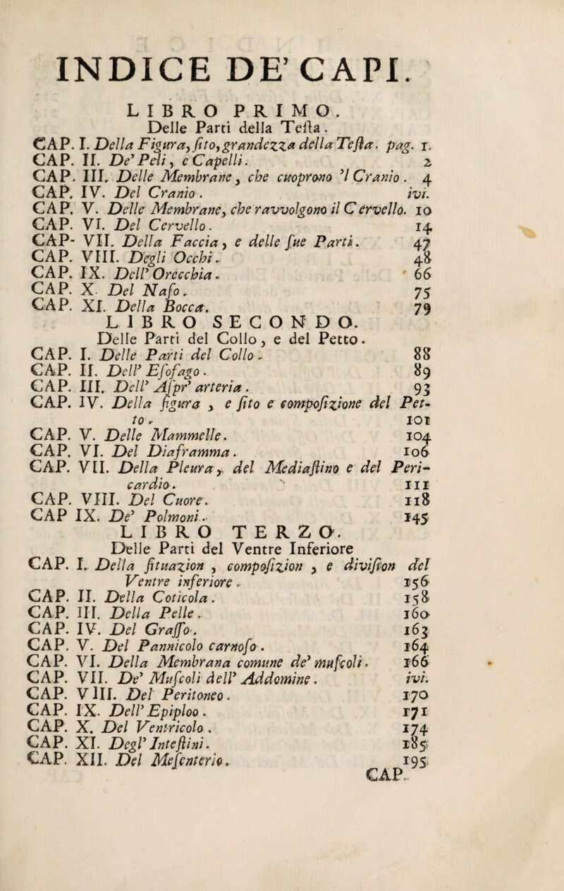 INDICE DE’ CAPI. CAP. CAP. CAP. CAP. CAP. CAP. CAP- CAP. CAP. CAP. CAP. LIBRO PRIMO. Delle Parti della Teda. I. Della F igur ay fit oy grandezza della Te fi a. pag. r, II. De’Peliy c Capelli. 2 IIL Delle Membrane y che cuoprono 7 Cranio. 4 IV. Del Cranio . ivi. V. Delle Membraney che ravvolgono il C ervello. io VI. Del Cervello. VII. Della Faccia, e delle fine Partii. Vili. Degli Occhi. IX. Dell3 Orecchia. X. Del Nafio. XI. Della Bocca. LIBRO SECONDO. Delle Parti del Collo y e del Petto. CAP. I. Delle Parti del Collo ~ CAP. II. Dell3 Efiofago. CAP. III. Dell3 Afipr3 arteria. CAP. IV. Della figura y e fit0 e compofizione del Pei to r IO! CAP. V. jDelle Mammelle. 104 CAP. VI. Del Diaframma. 106 CAP. VII. Della Pleura> del Mediafiino e del Peri~ cardio. 'K ili CAP. Vili. Del Cuore. 118 CAP IX. De3 Polmoni .• 145 L I B R O TERZO. Delle Parti del Ventre Inferiore I. Della fituazion y compofizion y e àivifion del 14 % 66 75 79 88 89 93 CAP. Ventre inferiore. CAP. II. Della Coticola. CAP. III. Della Pelle. CAP. IV. Del Graffo. CAP. V. Del Pannicolo carnofo-. CAP. VI. Della Membrana comune de’tmtfcoU CAP. VII. De’Mufcoli dell'Addentine. CAP. V III. Del Peritoneo. CAP. IX. Dell’ Epiploo. CAP. X. Del Ventricolo . CAP. XI. Degl'Interini. CAP, XII. Del Mefenterie. 156 158 16» \ì\ , 16 6 ivi. 170 T7I 174 185 i95> CAP,