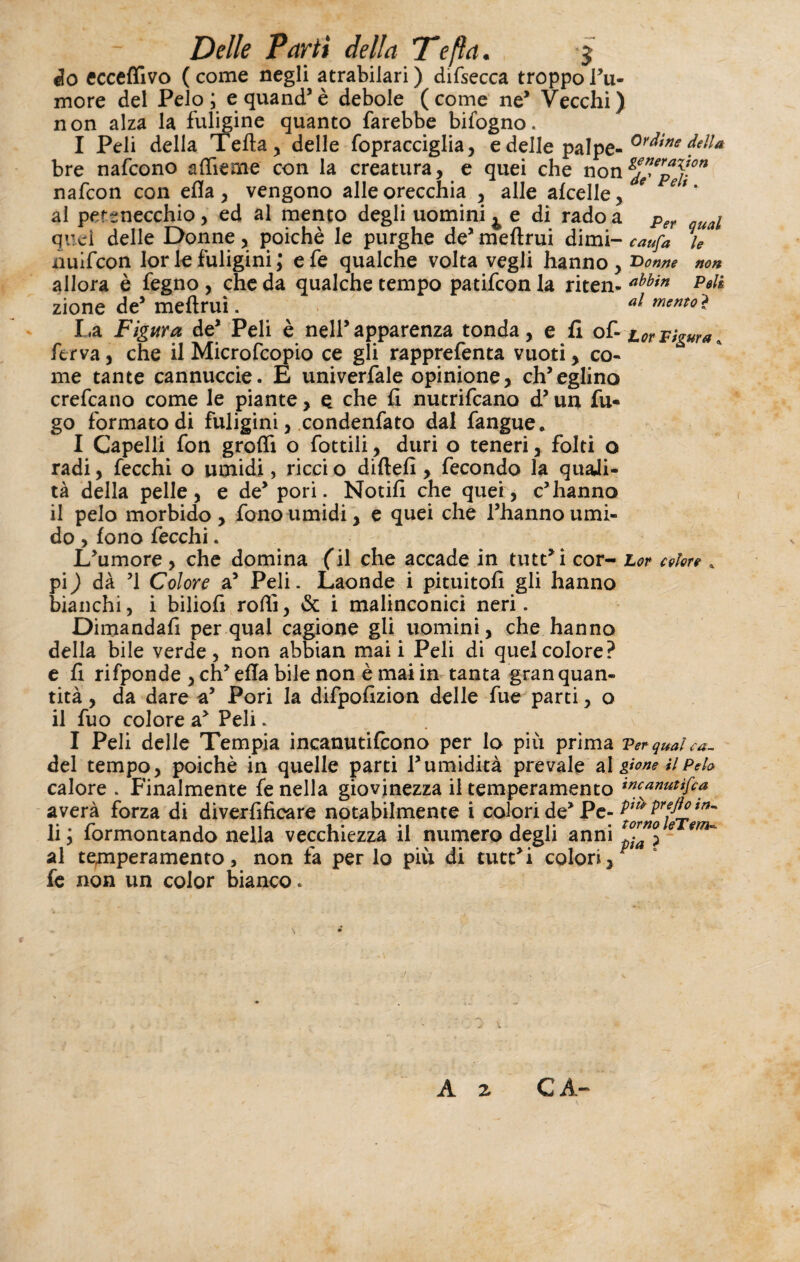 Delle Partì della T~efta. *j do ecceflìvo ( come negli atrabilari ) difsecca troppo Tu¬ more del Pelo; e quand’è debole (come ne’ Vecchi) non alza la fuligine quanto farebbe bifogno. I Peli della Tefta, delle fopracciglia, e delle palpe- bre nafcono aflìeme con la creatura, e quei che nongJ”*p}-on nafcon con ella, vengono alle orecchia , alle afcelle, 9 et% al per snecchio, ed al mento degli uomini ^ e di rado a Per qual quel delle Donne, poiché le purghe de’ meftrui dimi- caufa le nuifcon lor le fuligini ; e fe qualche volta vegli hanno y Donne non allora è fegno , che da qualche tempo patifcon la riten- Min zione de’ meftrui. al mento* La Figura de’ Peli è nell’apparenza tonda, e fi of-uvpigura, ferva, che il Microfcopio ce gli rapprefenta vuoti, co¬ me tante cannuccie. Ê univerfale opinione, ch’eglino crefcano come le piante, ç che fi nutrifcano d’un fu¬ go formato di fuligini, condenfato dal fangue. I Capelli fon groflì o fottili, duri o teneri, folti o radi, fecchi o umidi, ricci o diftefi, fecondo la quaji- tà della pelle, e de’ pori. Notili che quei, c’hanno il pelo morbido , fono umidi, e quei che l’hanno umi¬ do , fono fecchi. L’umore , che domina (i\ che accade in tutt’i cor- Lor colore * pi ) dà ’l Colore a’ Peli. Laonde i pituitofi gli hanno bianchi, i biliofi rolli, & i malinconici neri. Dimandafi per qual cagione gli uomini, che hanno della bile verde, non abbian mai i Peli di quel colore? e fi rifponde , eh’ella bile non è mai in tanta gran quan¬ tità , da dare a’ Pori la difpofizion delle fue parti, o il fuo colore a’ Peli. I Peli delle Tempia incanutifcono per Io più prima Per qual ca- del tempo, poiché in quelle parti l’umidità prevale al g**n* il Pela calore . Finalmente fe nella giovinezza il temperamento averà forza di diverfificare notabilmente i colori de’ Pe- 2tu trt~ li ; formontando nella vecchiezza il numero degli anni 9 9m~ al temperamento, non fa per lo più di tutt’i colori, fe non un color bianco. A z C A-