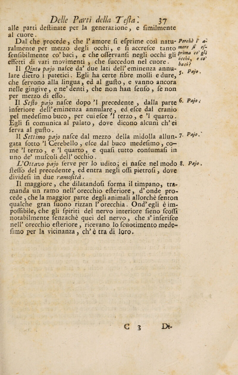alle parti deftinate per la generazione, e Umilmente al cuore. Dal che procede, che 1’ amore fi efprime così natu- Penh) V a* ralmente per mezzo degli occhi, e fi accrefce tanto ^ ef- fenfibilmente co’ baci, e che oflervanfi negli occhi gli c°e effetti di vari movimenti , che fuccedon nel cuore. XaJ) * C° Il Qìnto pajo nafee da’ due lati dell’ eminenza annu- Pag lare dietro i patetici. Egli ha certe fibre molli e dure, *' J che fervono alla lingua, ed al gufto, e vanno ancora nelle gingive, e ne* denti, che non han fenfo , fe non per mezzo di elfo. Il Seflo pajo nafee dopo ’l precedente , dalla parte paì° * inferiore dell’eminenza annulare, ed efee dal cranio pel medefimobuco, per cuiefee *1 terzo, e ’l quarto. Egli fi comunica al palato, dove dicono alcuni eh’ ei ferva al gufto. . , Il Settimo pajo nafee dal mezzo della midolla allun- 7- Paì0' gata fotto ’l Cerebello , efee dal buco medefimo, co¬ me ’l terzo, e ’l quarto, e quafi tutto conlumafi in uno de’ mufcoli dell’ occhio . L'Ottavo pajo ferve per io udito; ei nafee nel modo 8. Pajo, ftefib del precedente, ed entra negli oftì pietrofi , dove dividefi in due ramofità. Il maggiore, che dilatandoli forma il timpano, tra¬ manda un ramo nell’orecchio efteriore, d’onde pro¬ cede , che la maggior parte degli animali allorché fenton qualche gran fuono rizzan l’orecchia. Ond’ egli è ira¬ po (libile, che gli fpiriti del nervo interiore fieno feoftì notabilmente fenzachè quei del nervo, che s’inferifce nell’ orecchio efteriore, ricevano lo fcuotimento mede- fimo per la vicinanza, eh*è tra di loro» C 3 Di